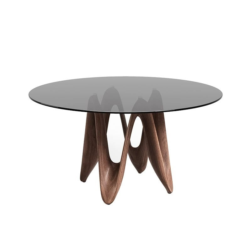 Walnut-colored Base Round Glass Dining Table