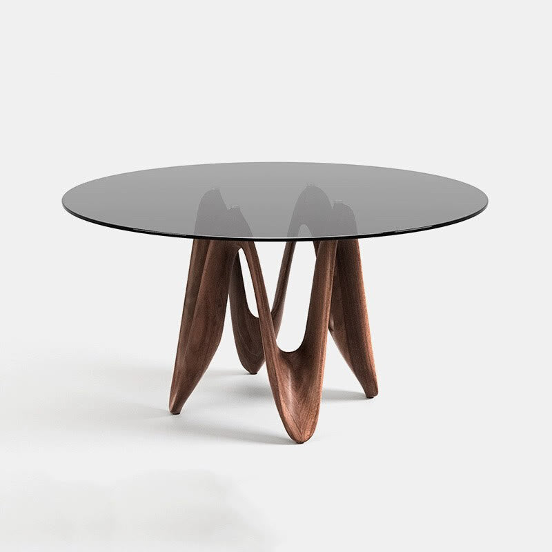Walnut-colored Base Round Glass Dining Table