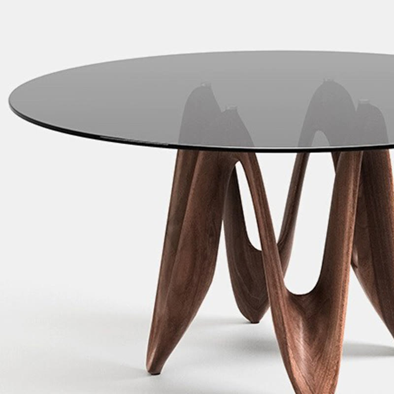 Walnut-colored Base Round Glass Dining Table