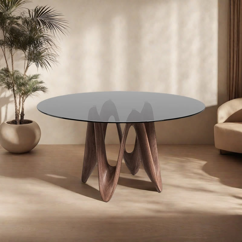 Walnut-colored Base Round Glass Dining Table - image 0