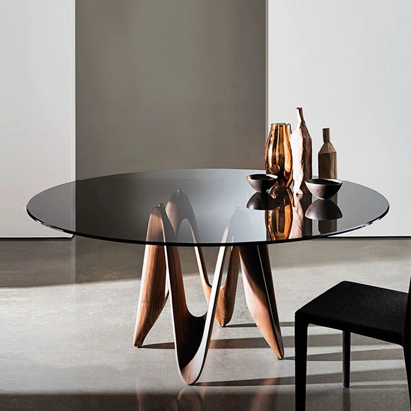 Walnut-colored Base Round Glass Dining Table