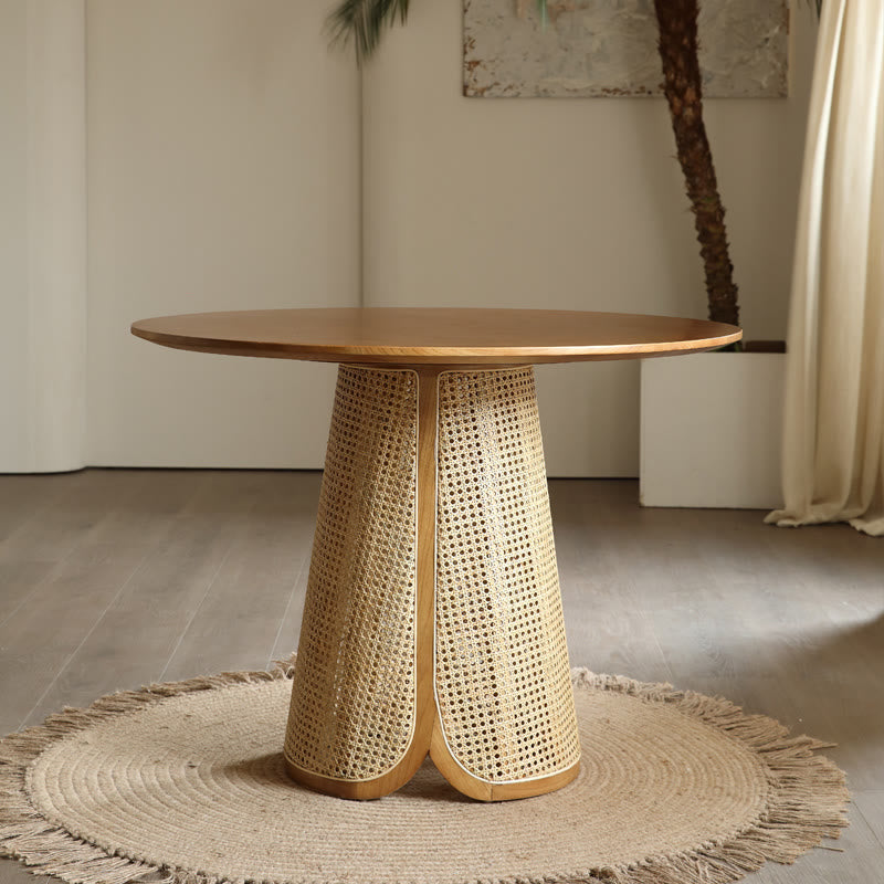 Minimalist Rattan-woven Solid Wood Dining Table - Natural wood - W53.15" x D53.15" x H29.53" - image 0