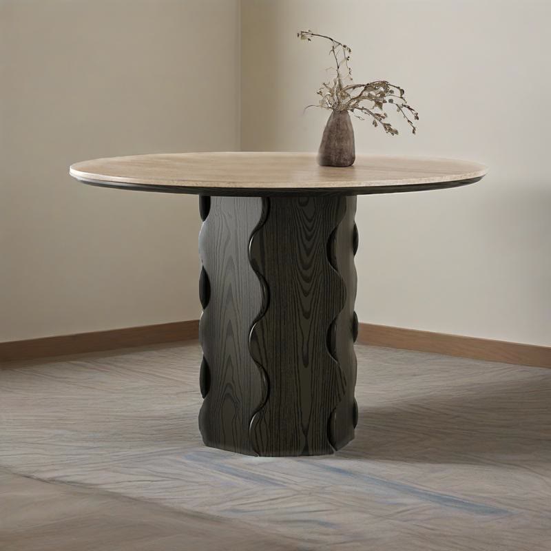 Wave-patterned Base Solid Wood Round Dining Table