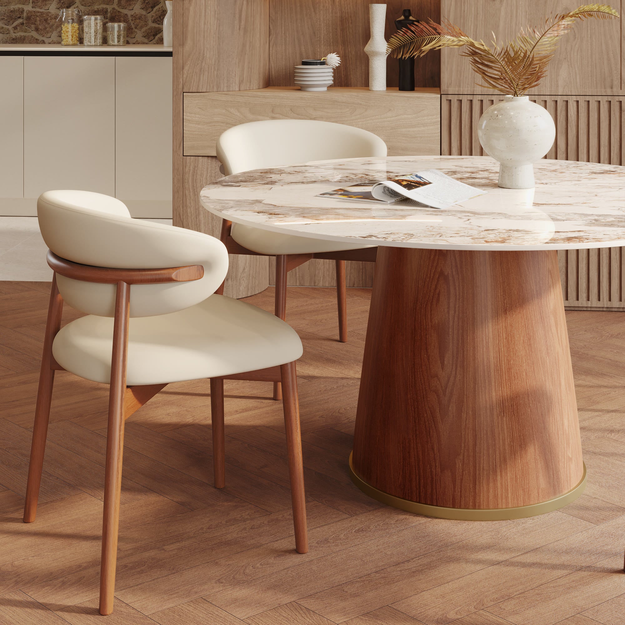 5-piece Cylindrical Base Round Dining Table With Upholstered Side Chairs