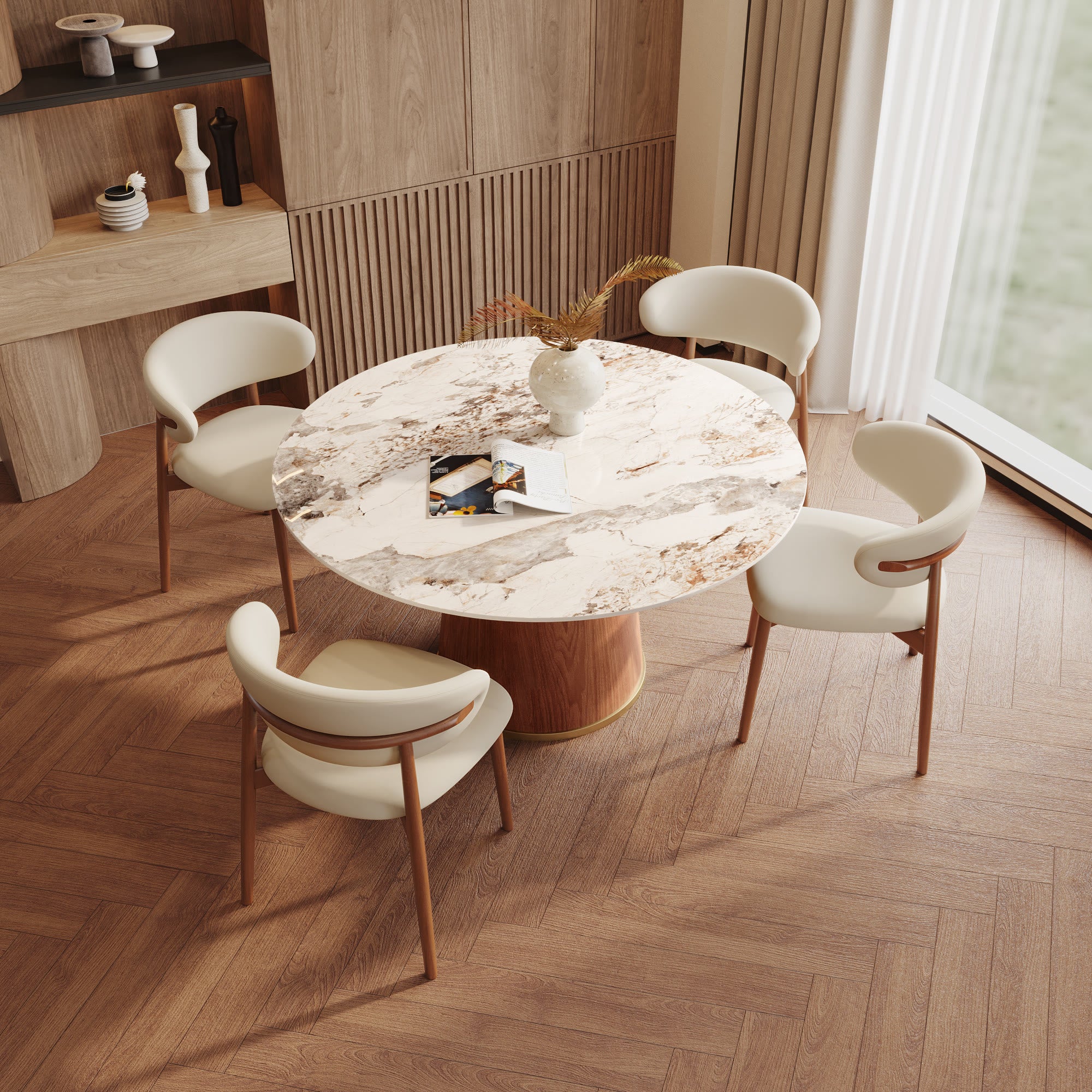5-piece Cylindrical Base Round Dining Table With Upholstered Side Chairs - image 3