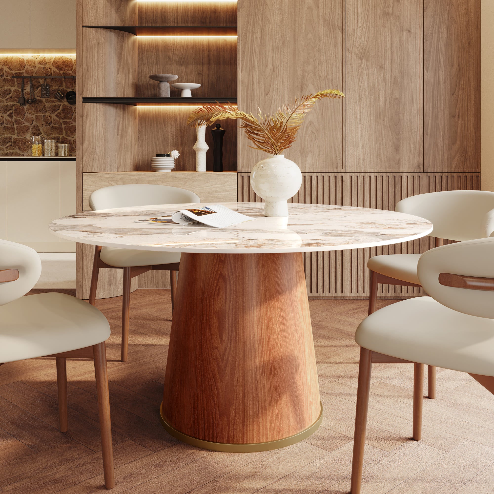 5-piece Cylindrical Base Round Dining Table With Upholstered Side Chairs