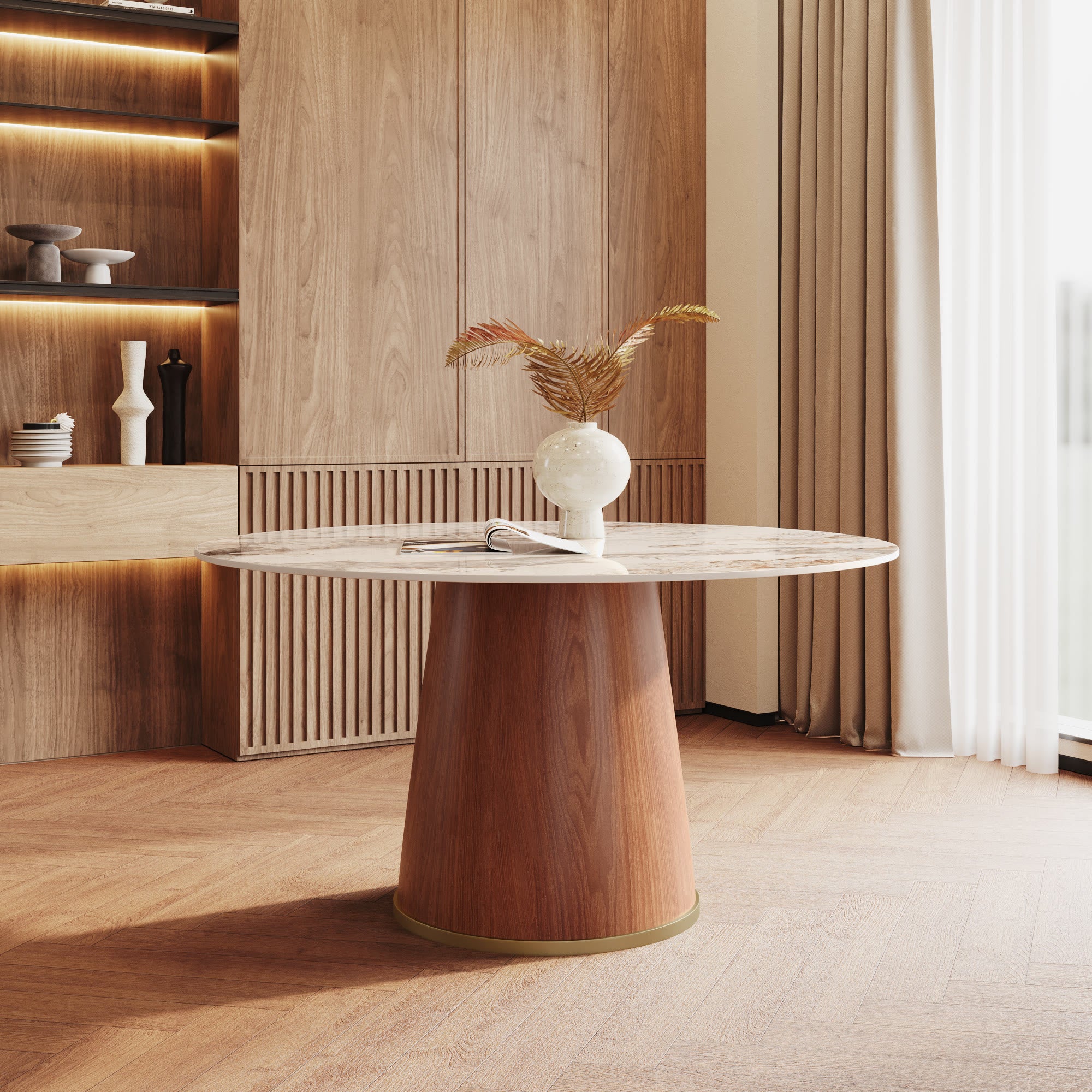 5-piece Cylindrical Base Round Dining Table With Upholstered Side Chairs