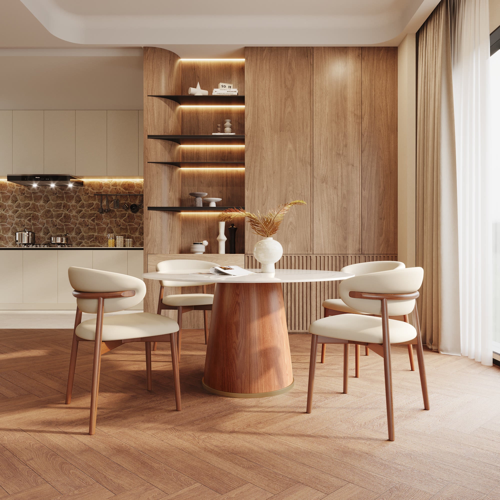 5-piece Cylindrical Base Round Dining Table With Upholstered Side Chairs