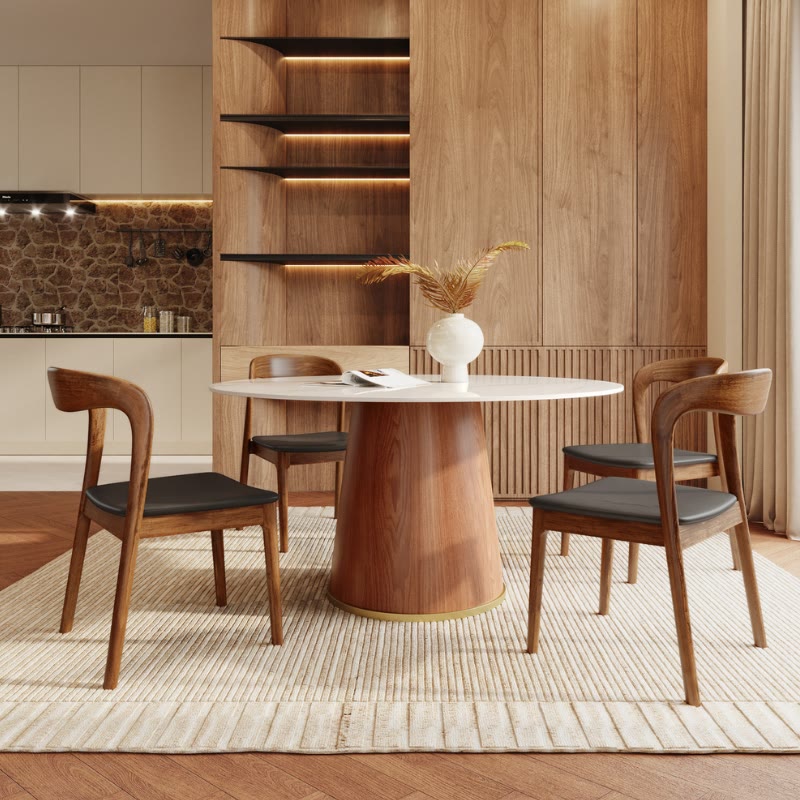 5-piece Cylindrical Base Round Dining Table With Modern Leather Dining Chairs