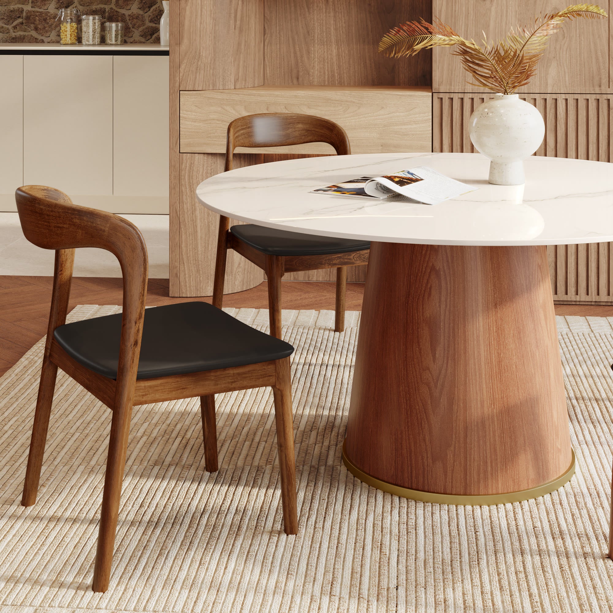 7-piece Cylindrical Base Round Dining Table With Modern Leather Dining Chairs - image 4