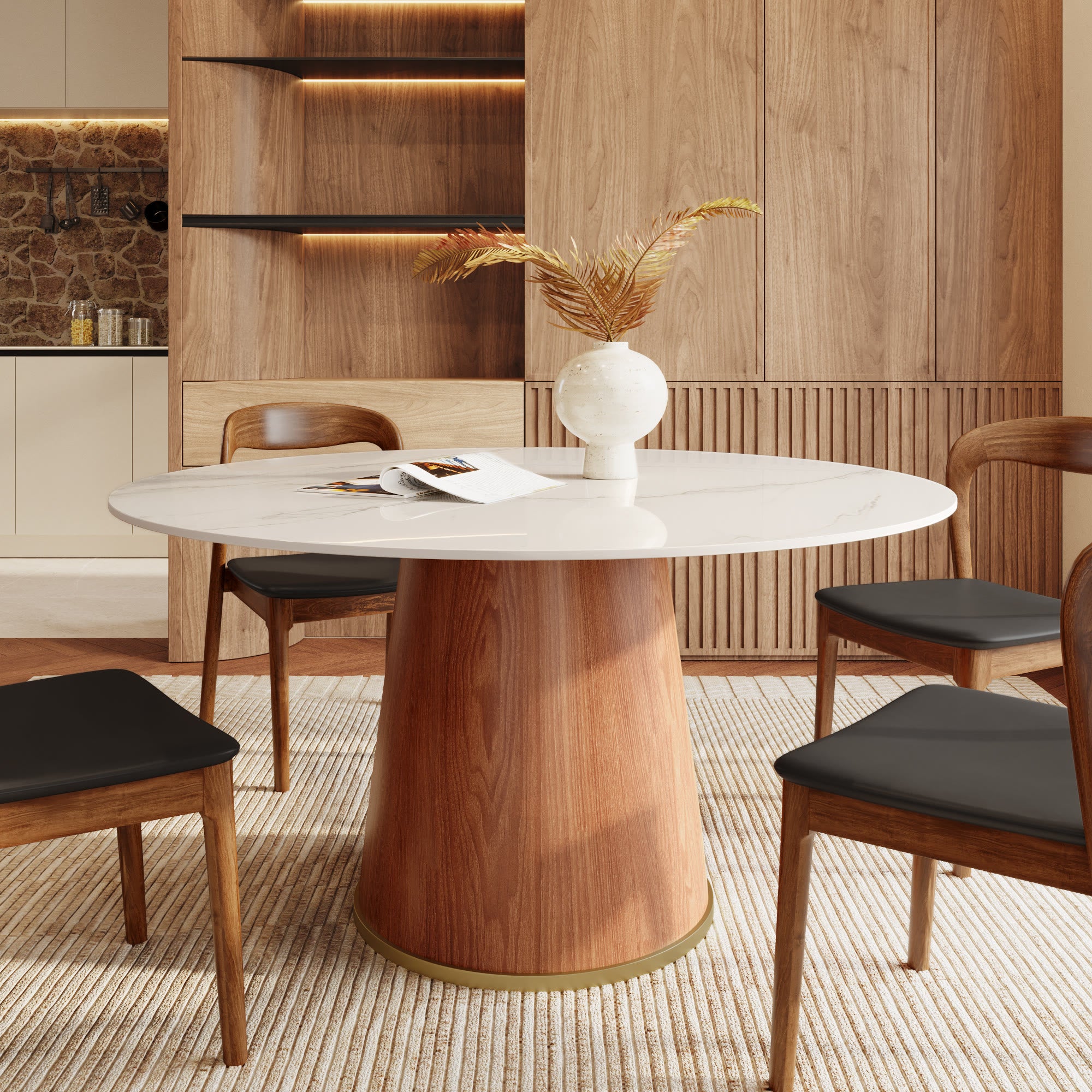 7-piece Cylindrical Base Round Dining Table With Modern Leather Dining Chairs