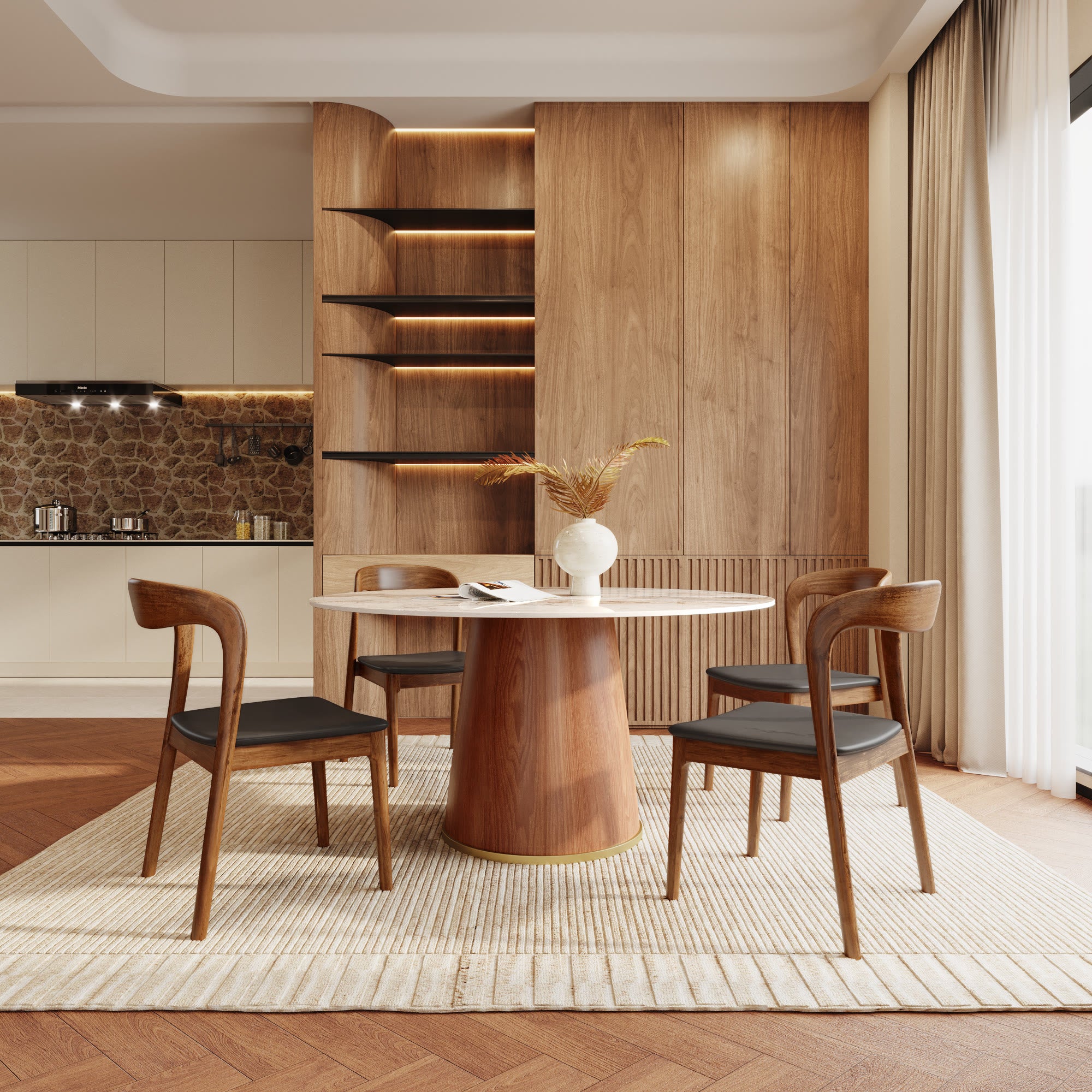 5-piece Cylindrical Base Round Dining Table With Modern Leather Dining Chairs