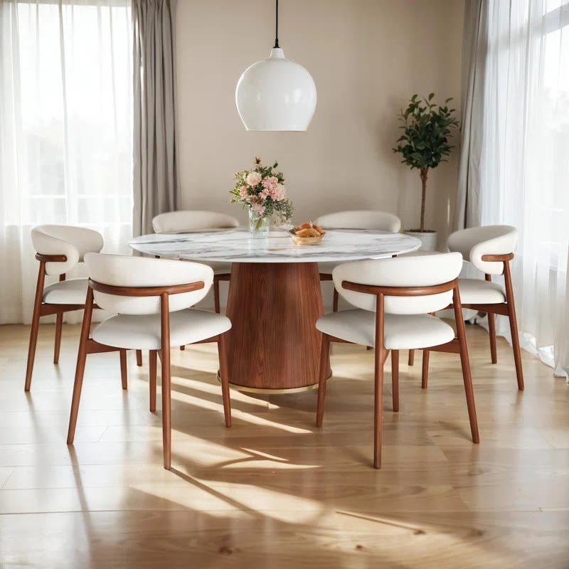 7-piece Cylindrical Base Round Dining Table With Upholstered Side Chairs