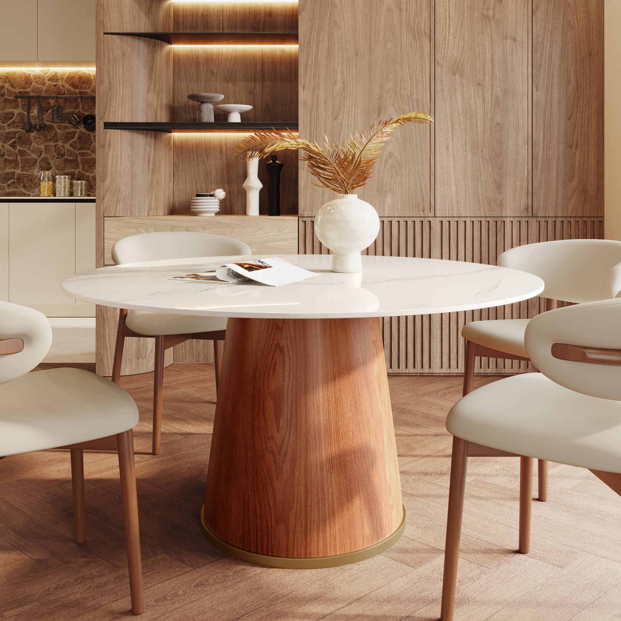 7-piece Cylindrical Base Round Dining Table With Upholstered Side Chairs