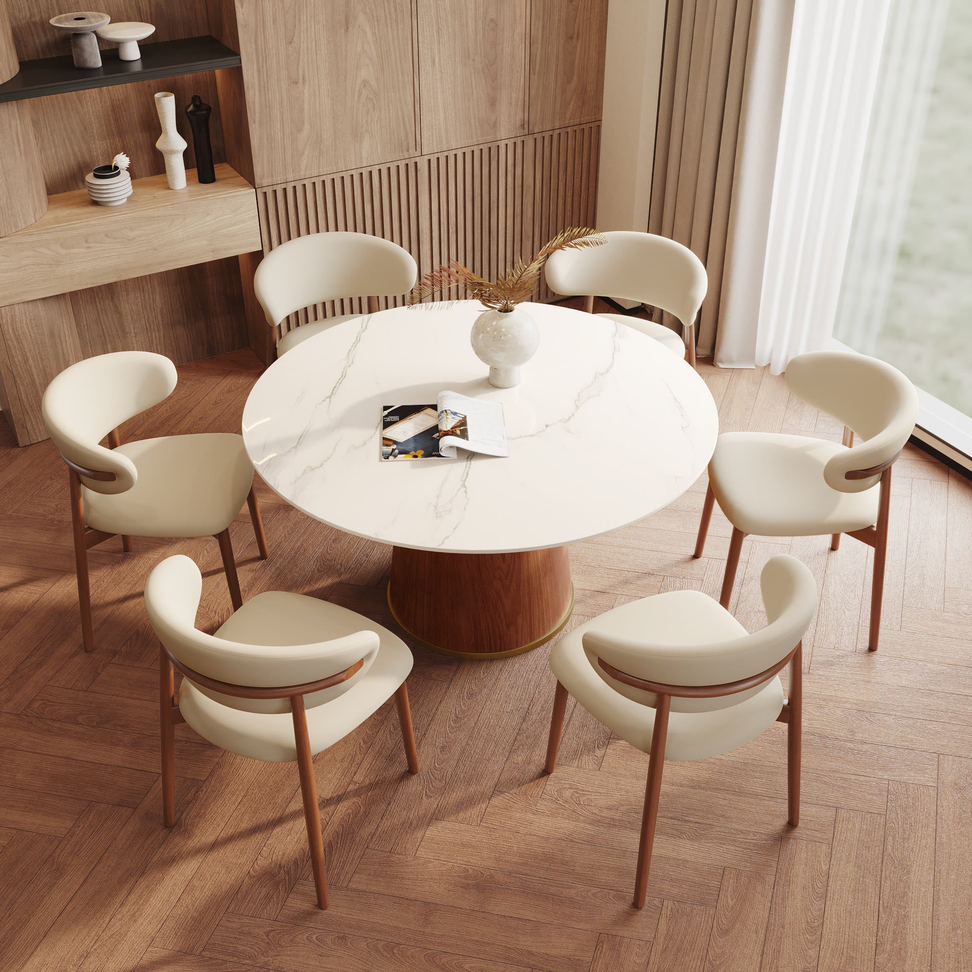 7-piece Cylindrical Base Round Dining Table With Upholstered Side Chairs