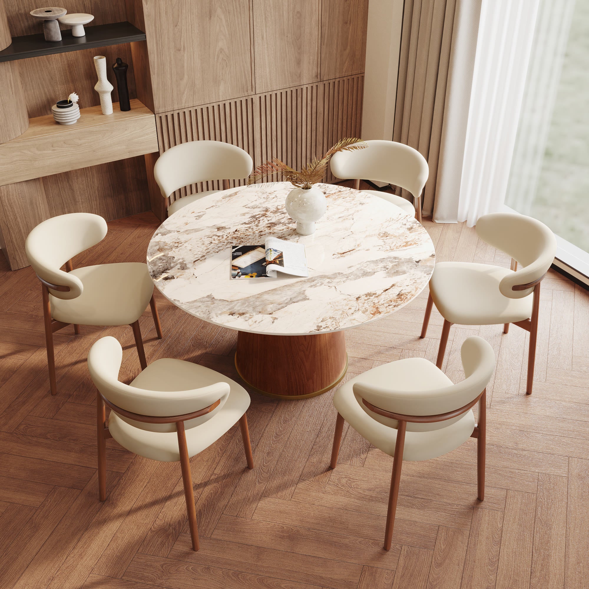 7-piece Cylindrical Base Round Dining Table With Upholstered Side Chairs