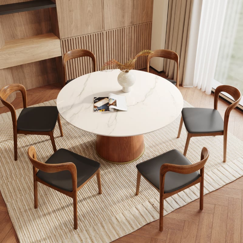 7-piece Cylindrical Base Round Dining Table With Modern Leather Dining Chairs