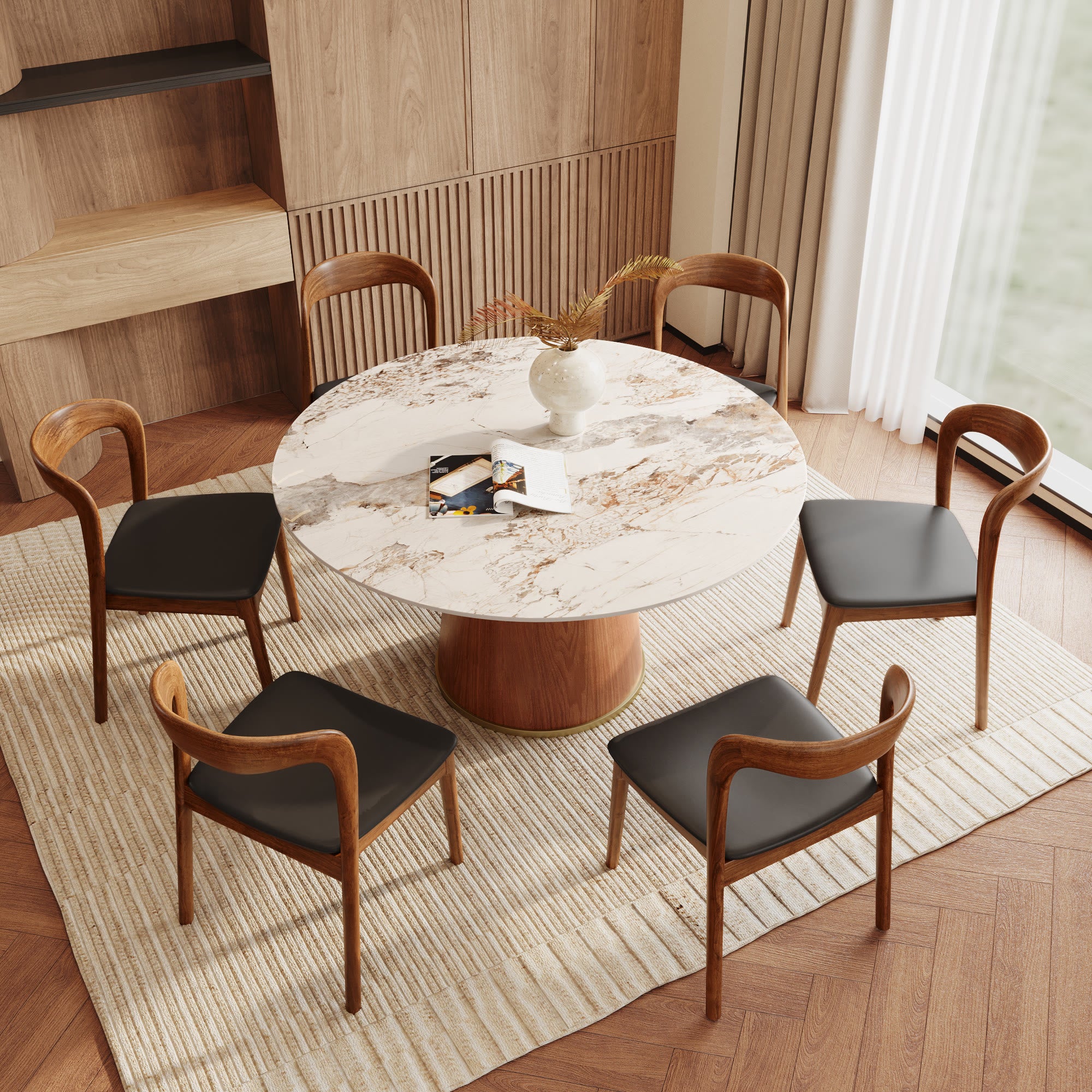 7-piece Cylindrical Base Round Dining Table With Modern Leather Dining Chairs