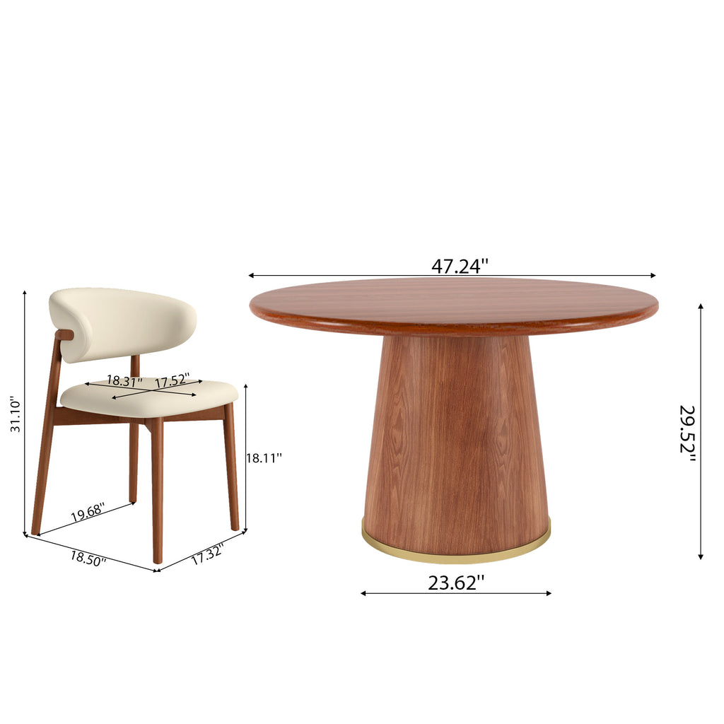 5-Piece Rubber Wood Kitchen Round Dining Table With Bucket Base With Curved Backrest Dining Chairs