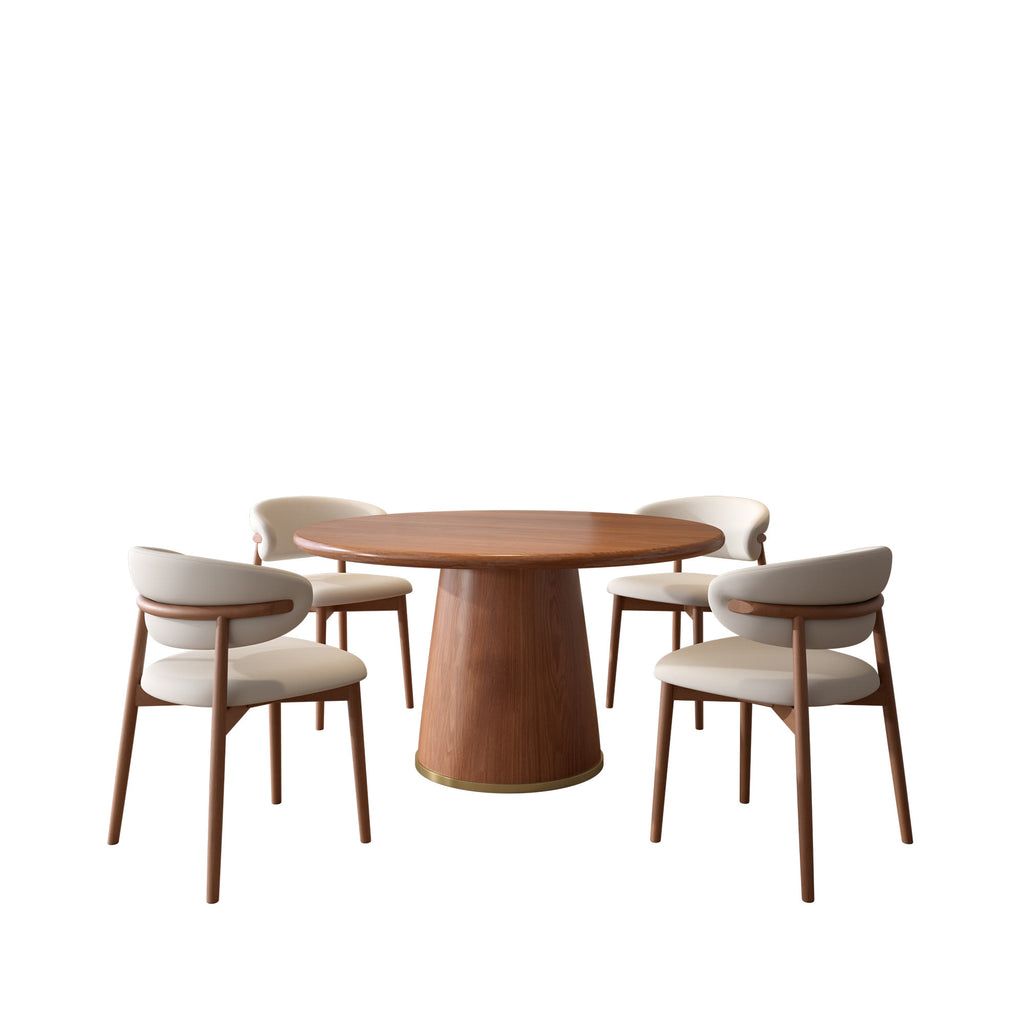 5-Piece Rubber Wood Kitchen Round Dining Table With Bucket Base With Curved Backrest Dining Chairs