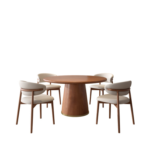5-Piece Rubber Wood Kitchen Round Dining Table With Bucket Base With Curved Backrest Dining Chairs