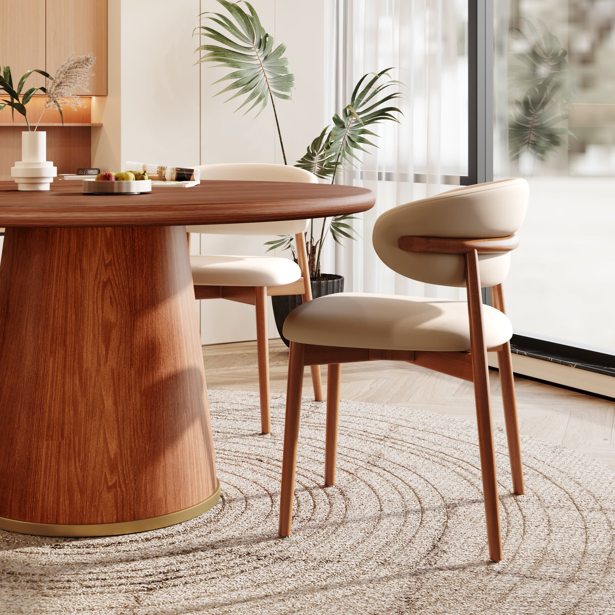 5-Piece Rubber Wood Kitchen Round Dining Table With Bucket Base With Curved Backrest Dining Chairs