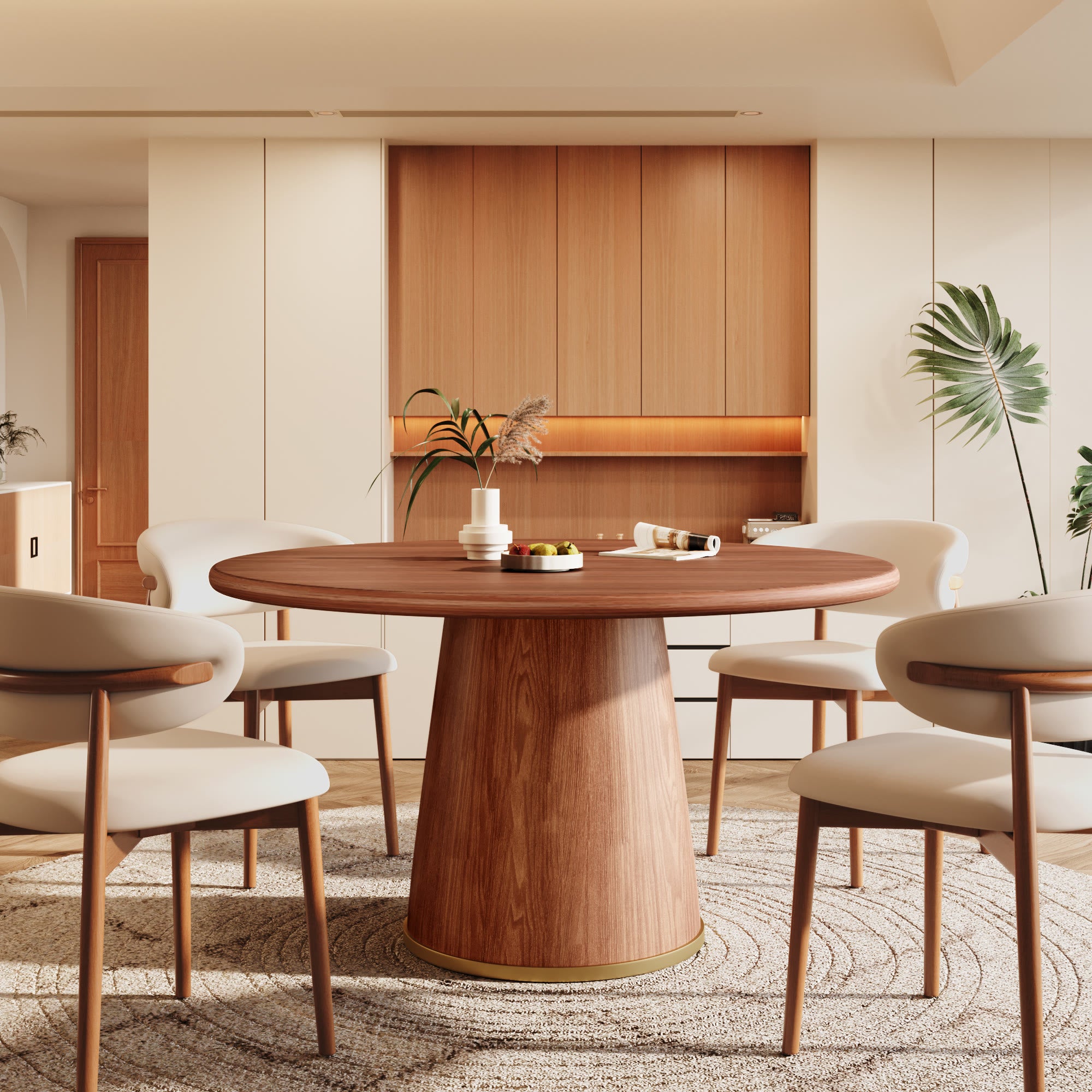 5-Piece Rubber Wood Kitchen Round Dining Table With Bucket Base With Curved Backrest Dining Chairs