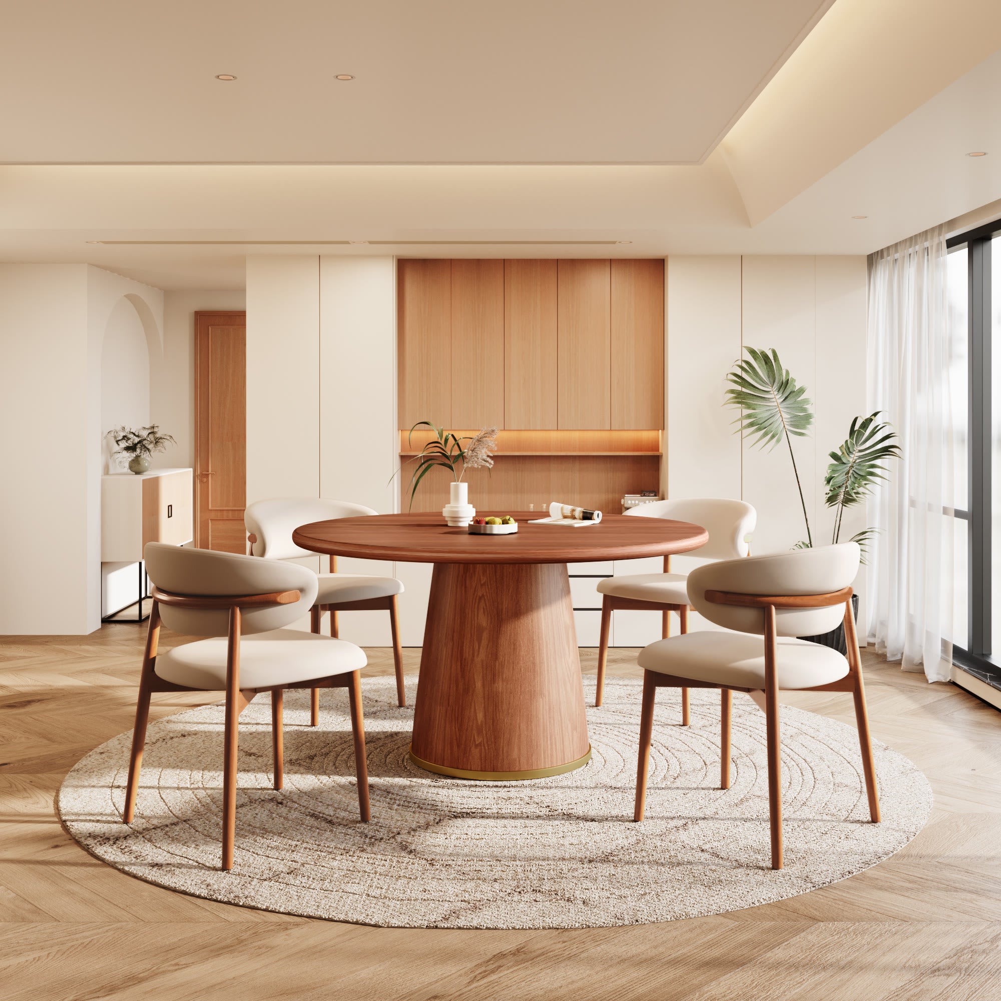 5-Piece Rubber Wood Kitchen Round Dining Table With Bucket Base With Curved Backrest Dining Chairs