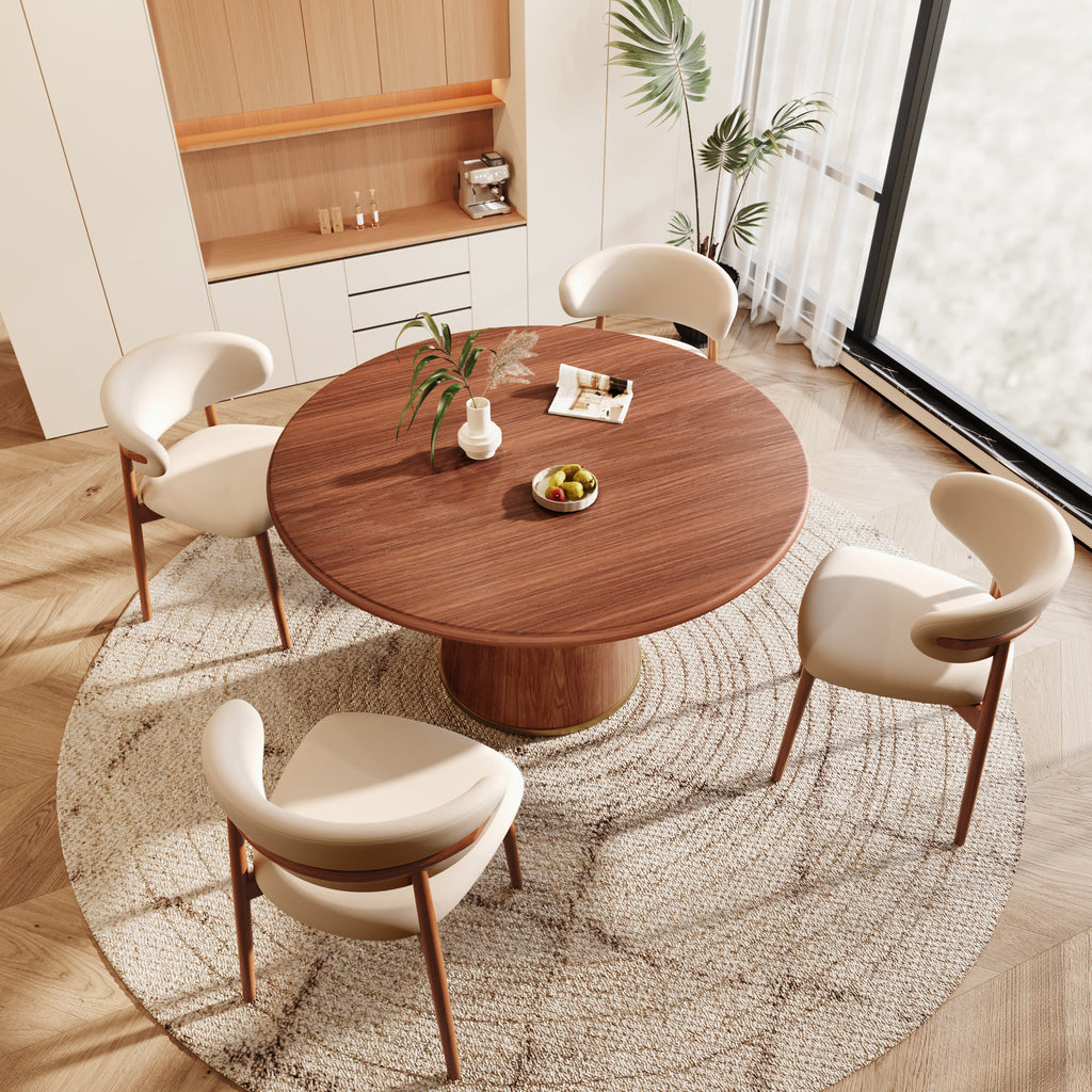 5-Piece Rubber Wood Kitchen Round Dining Table With Bucket Base With Curved Backrest Dining Chairs