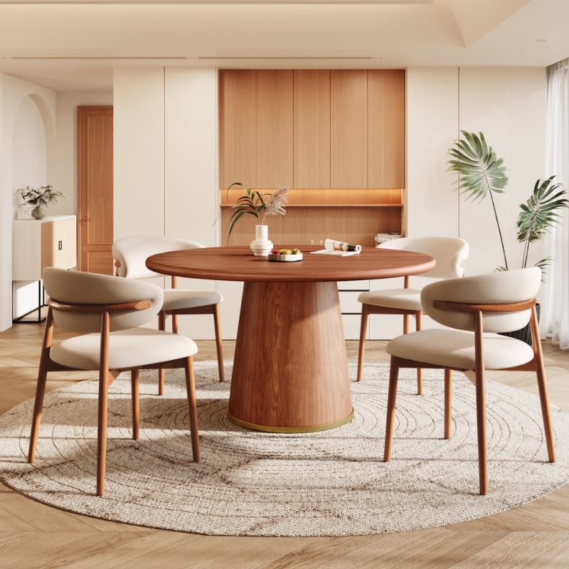 5-Piece Rubber Wood Kitchen Round Dining Table With Bucket Base With Curved Backrest Dining Chairs