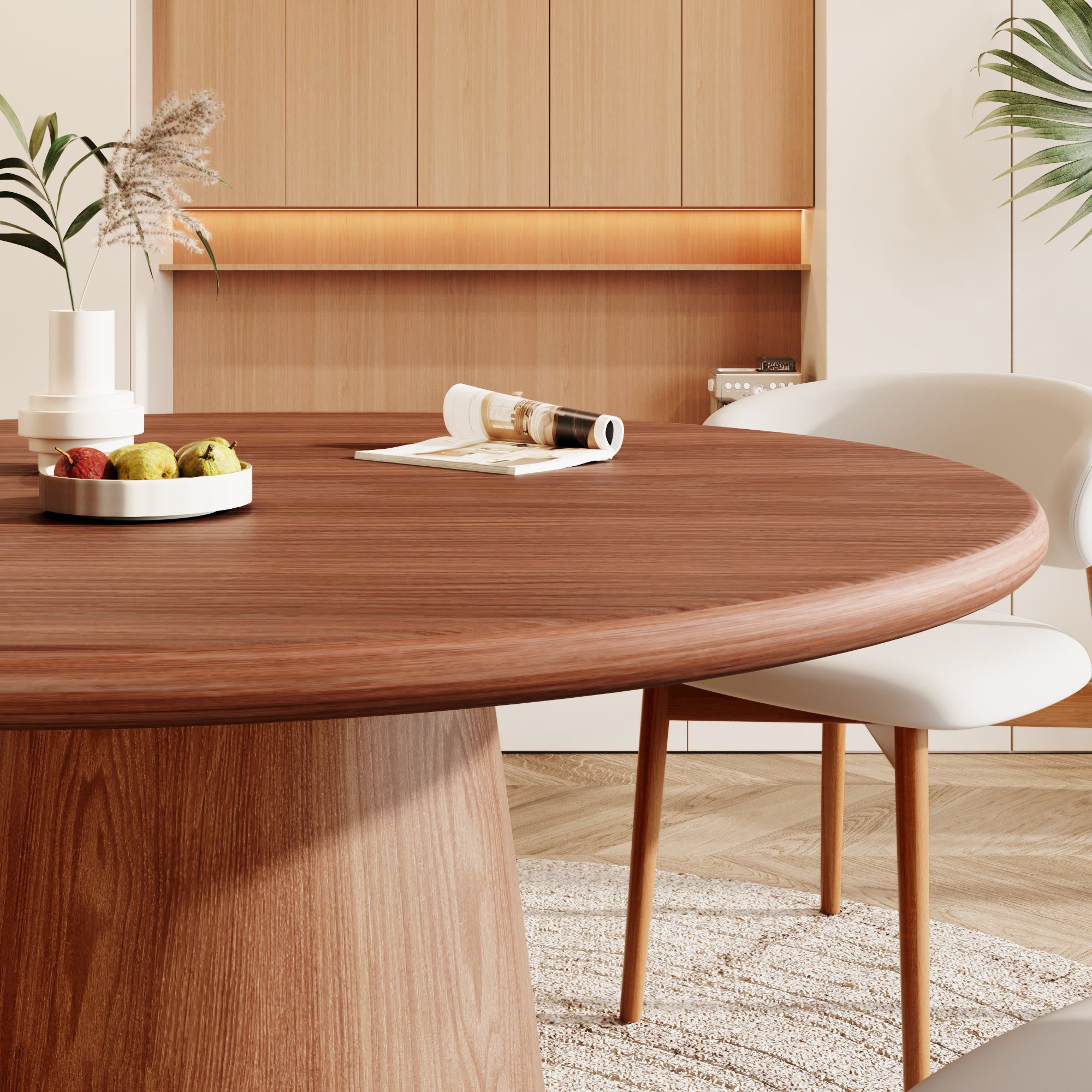 5-Piece Rubber Wood Kitchen Round Dining Table With Bucket Base With Curved Backrest Dining Chairs