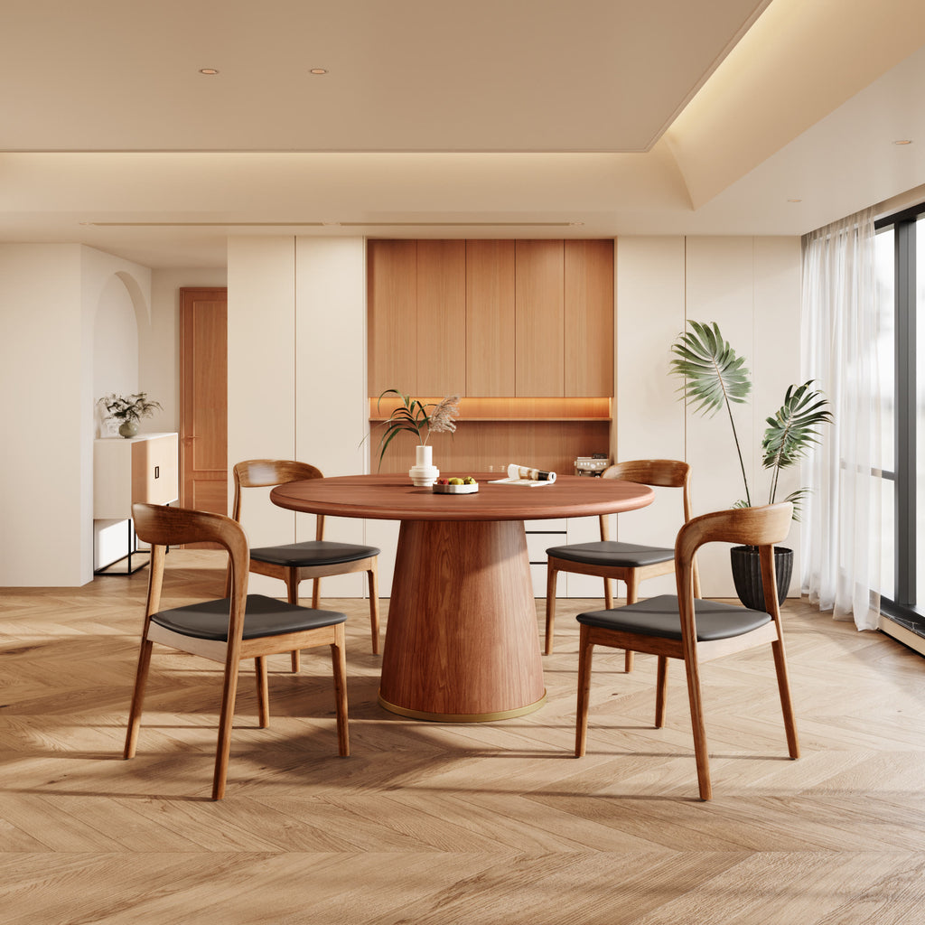 5-piece Rubber Wood Kitchen Round Dining Table With Bucket Base With Leather Seat Cushion Dining Chairs