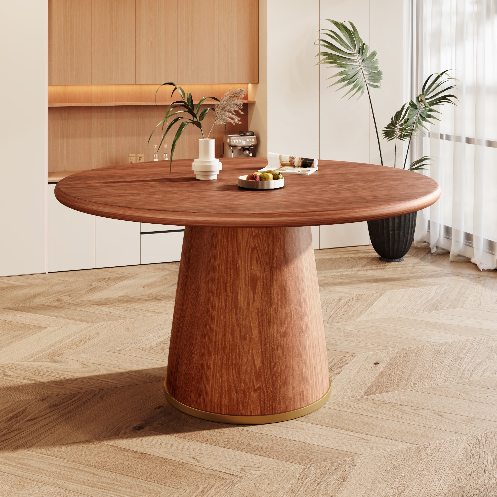 5-piece Rubber Wood Kitchen Round Dining Table With Bucket Base With Leather Seat Cushion Dining Chairs