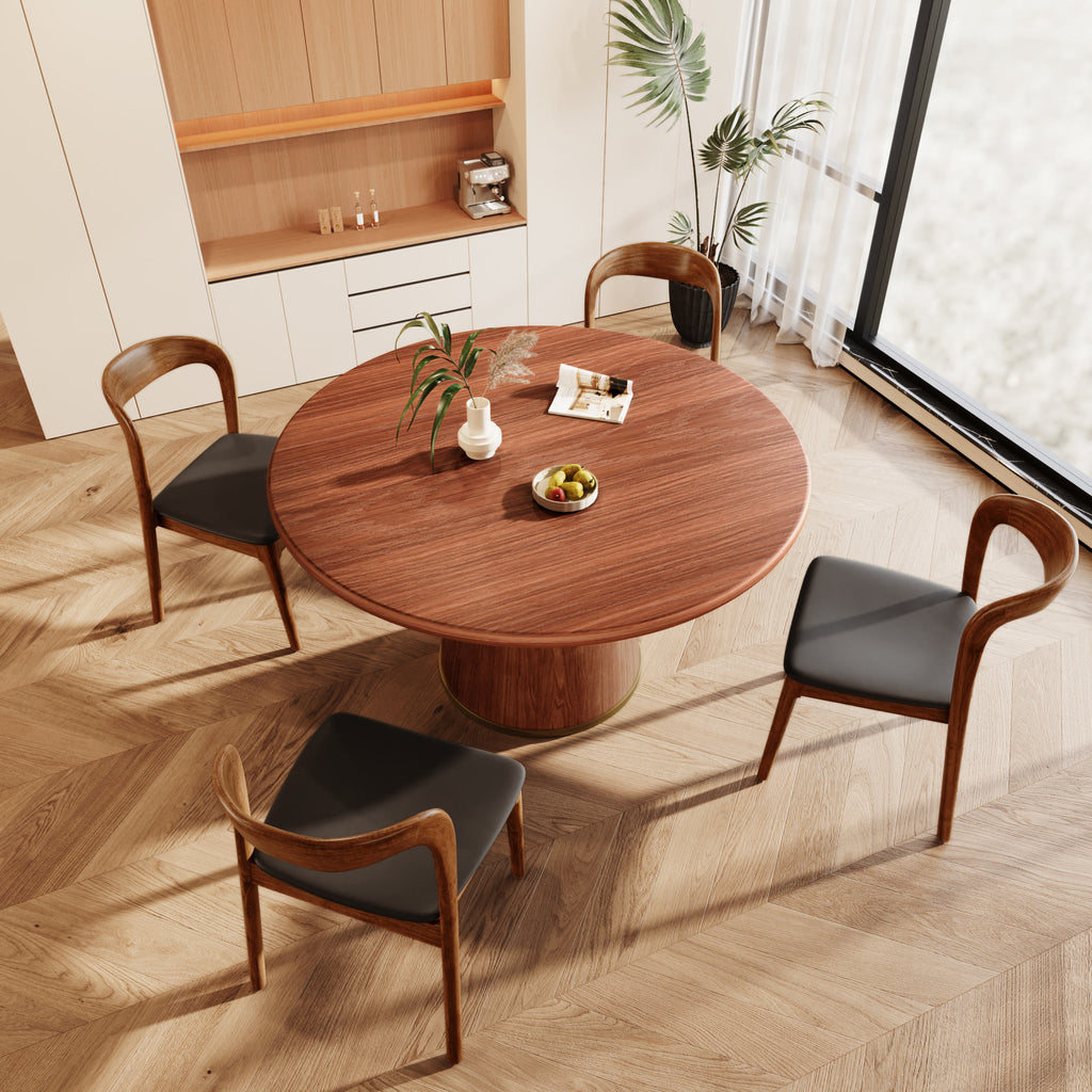 5-piece Rubber Wood Kitchen Round Dining Table With Bucket Base With Leather Seat Cushion Dining Chairs