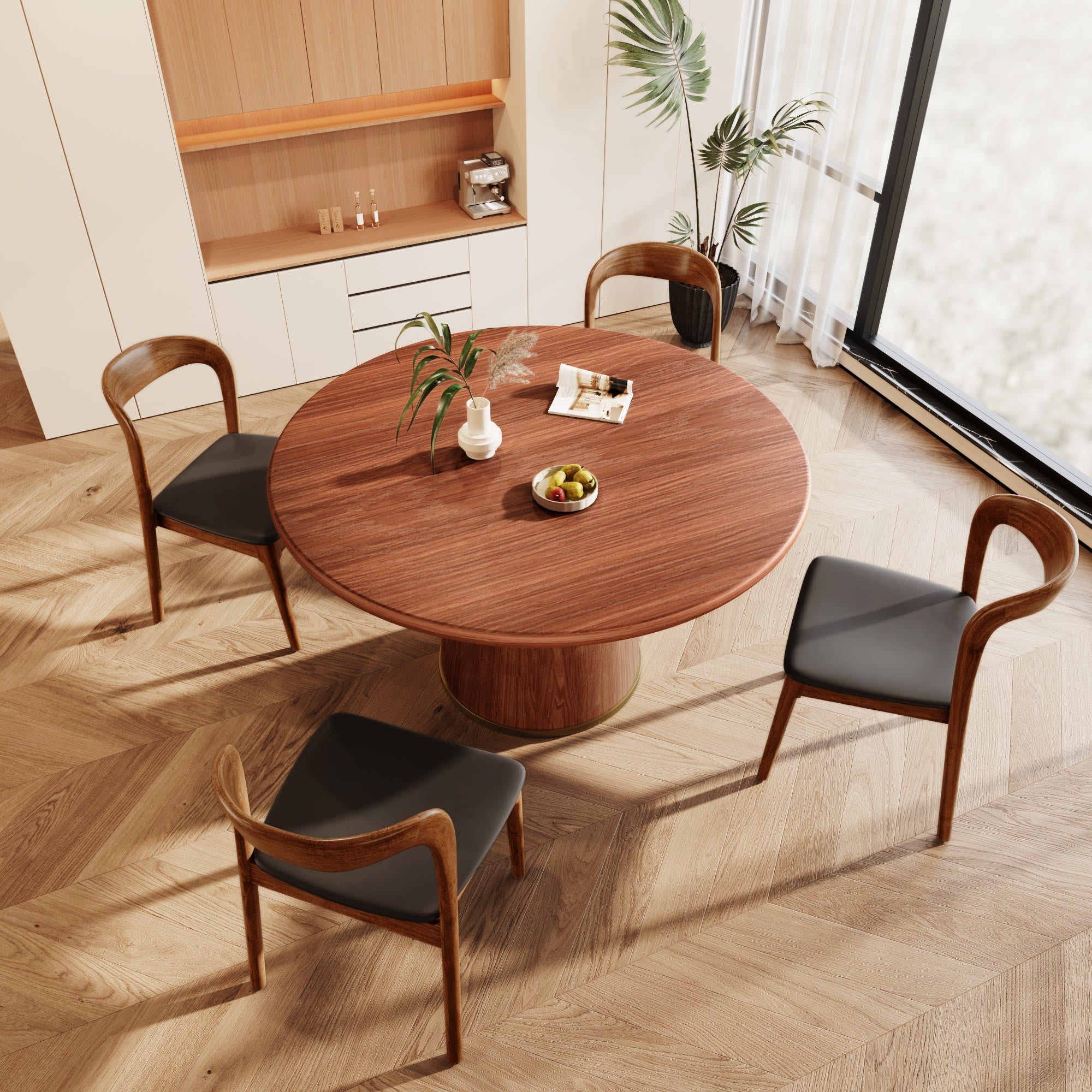 5-piece Rubber Wood Kitchen Round Dining Table With Bucket Base With Leather Seat Cushion Dining Chairs