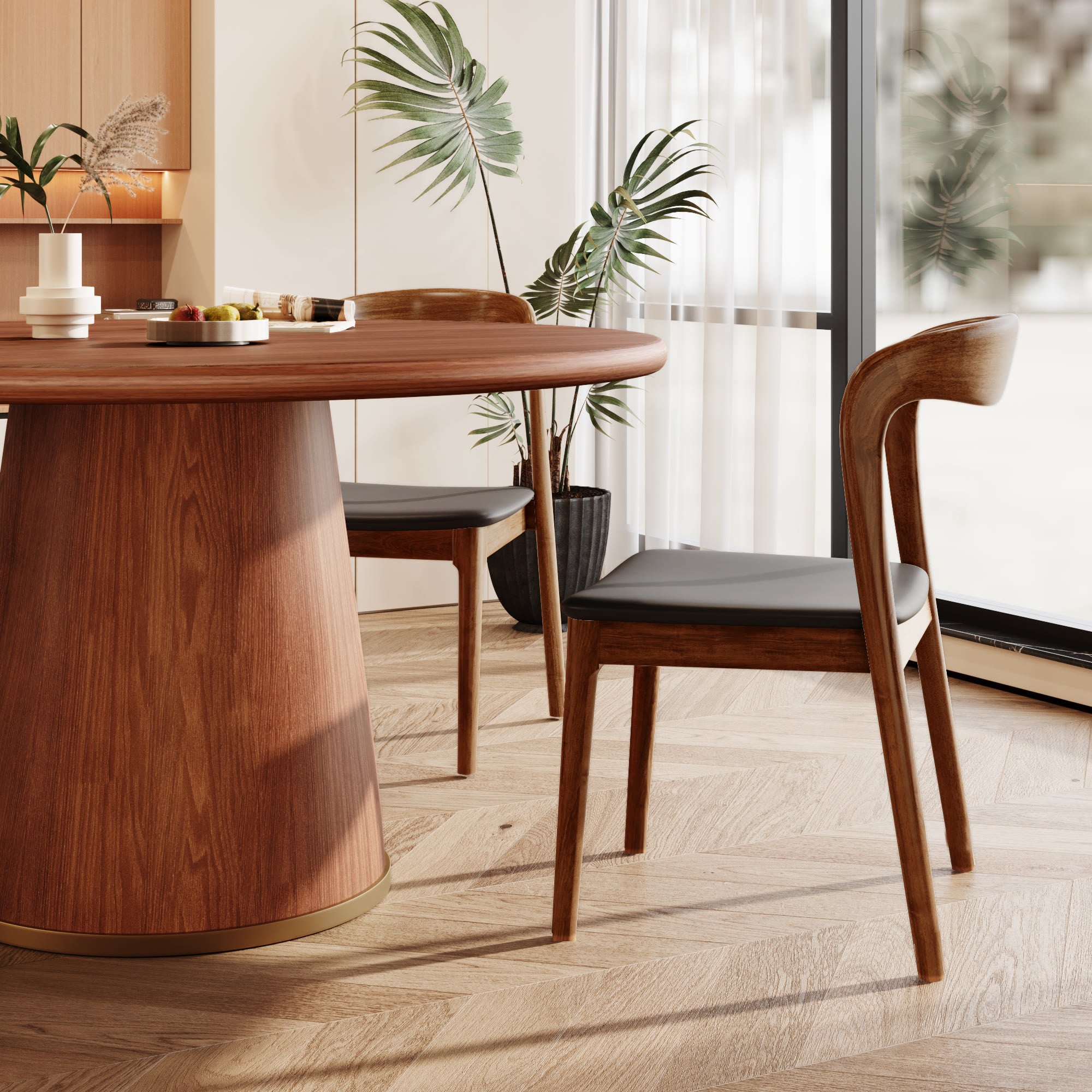 7-piece Rubber Wood Kitchen Round Dining Table With Bucket Base With Leather Seat Cushion Dining Chairs - image 3