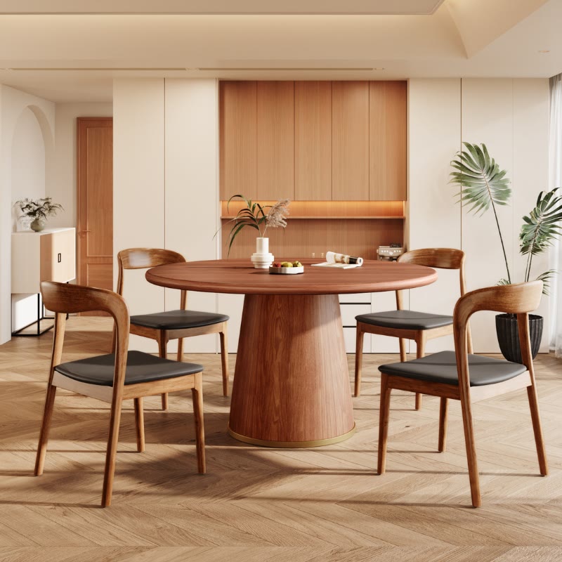 5-piece Rubber Wood Kitchen Round Dining Table With Bucket Base With Leather Seat Cushion Dining Chairs