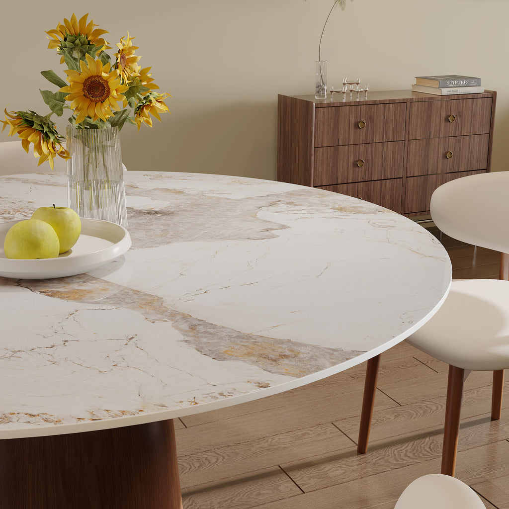 5-piece Mid-century Round Dining Table With Bucket Base With Beige Leather Dining Chairs - image 5