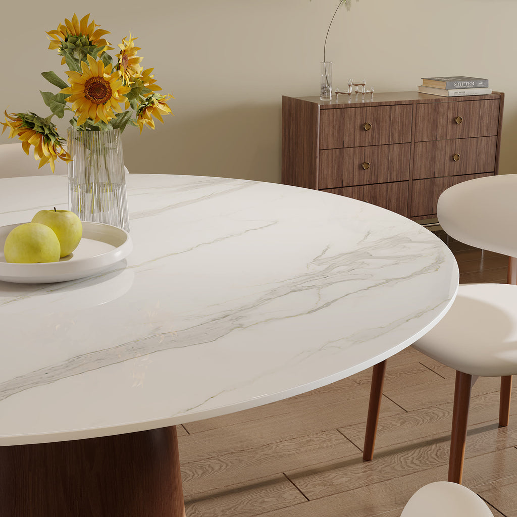 5-piece Mid-century Round Dining Table With Bucket Base With Beige Leather Dining Chairs - image 10
