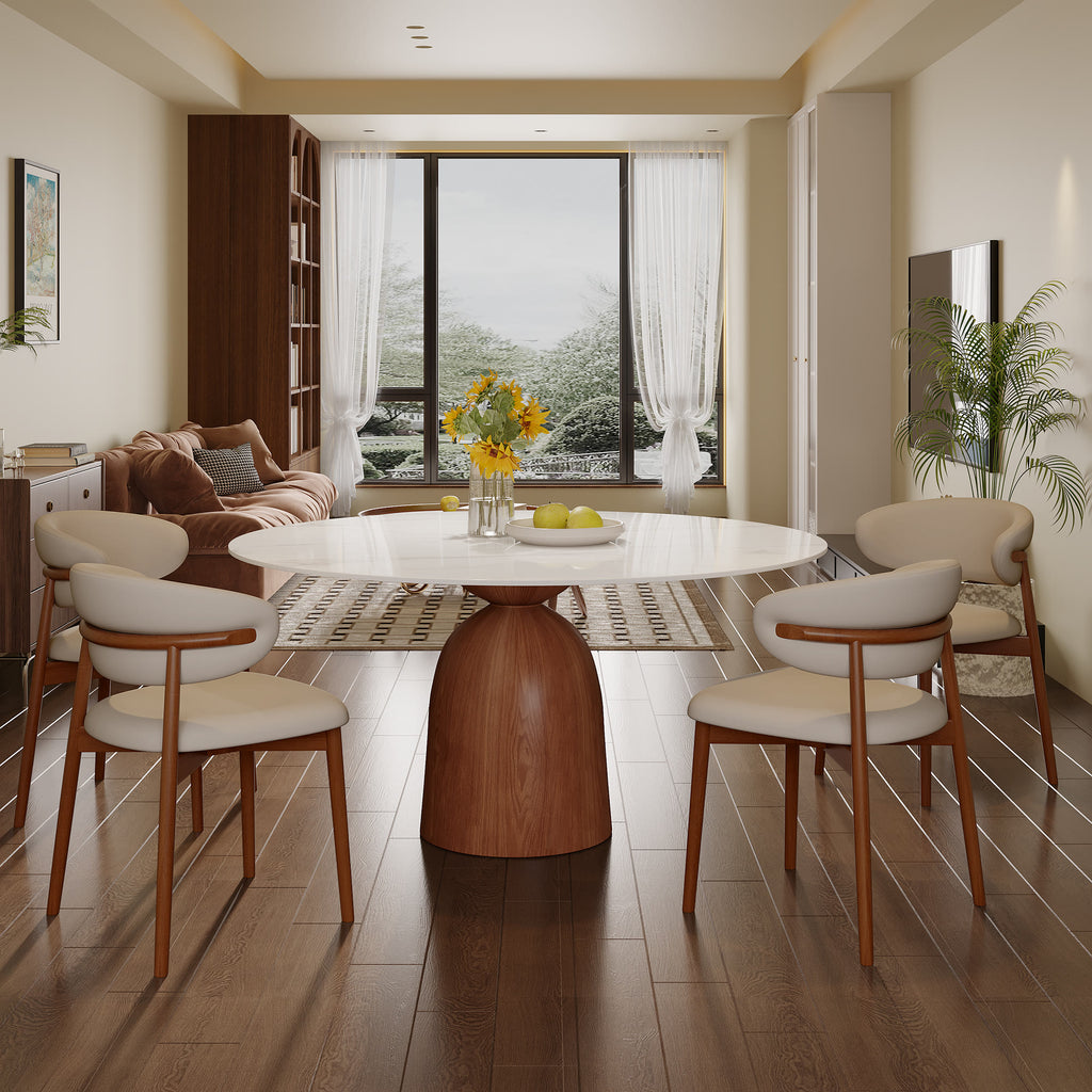 5-piece Mid-century Round Dining Table With Bucket Base With Beige Leather Dining Chairs - Snow white - 59.05"Table+4x Dining Chairs - image 6