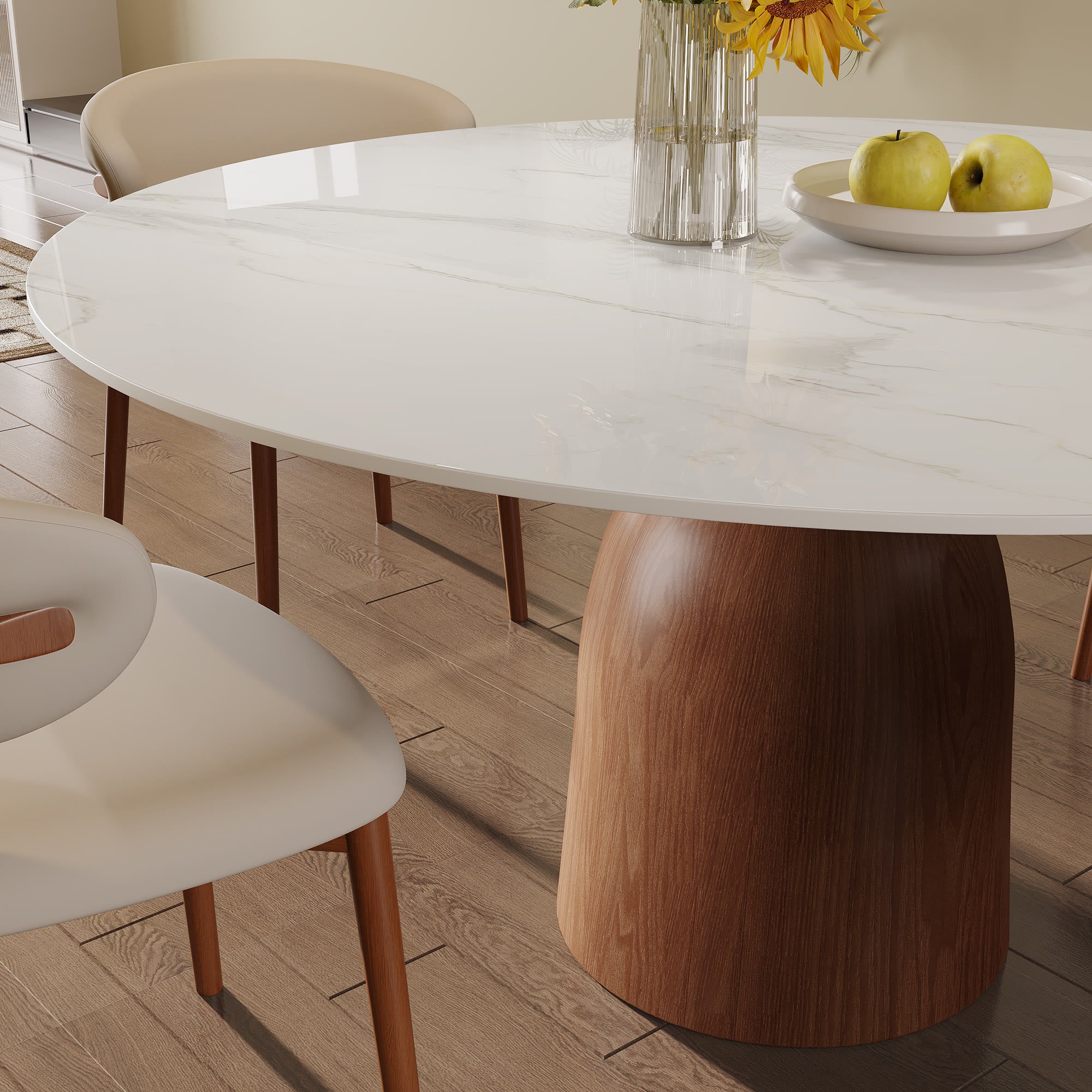 5-piece Mid-century Round Dining Table With Bucket Base With Beige Leather Dining Chairs - image 7