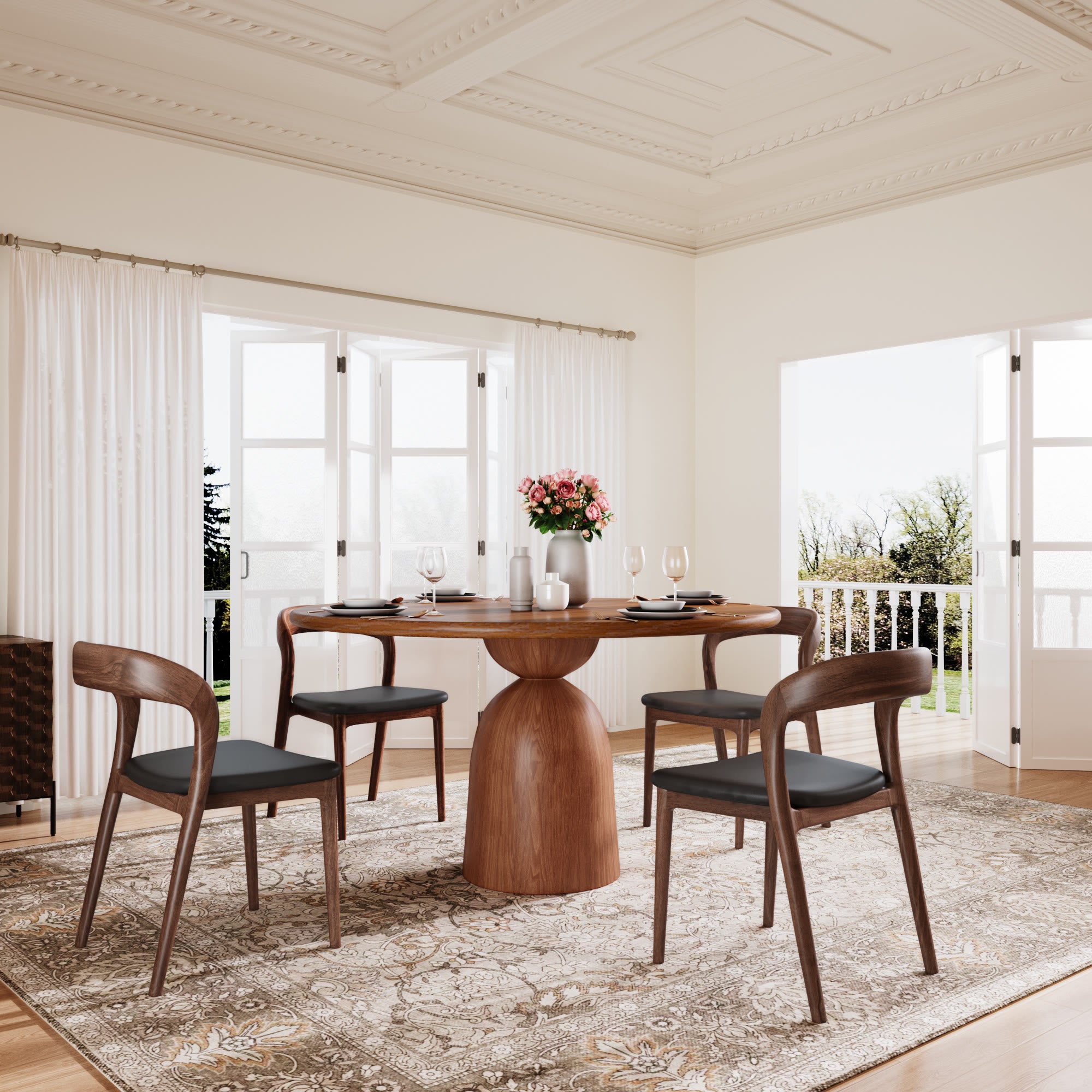 5-piece Round Sintered Stone Dining Table With Black Leather Dining Chairs