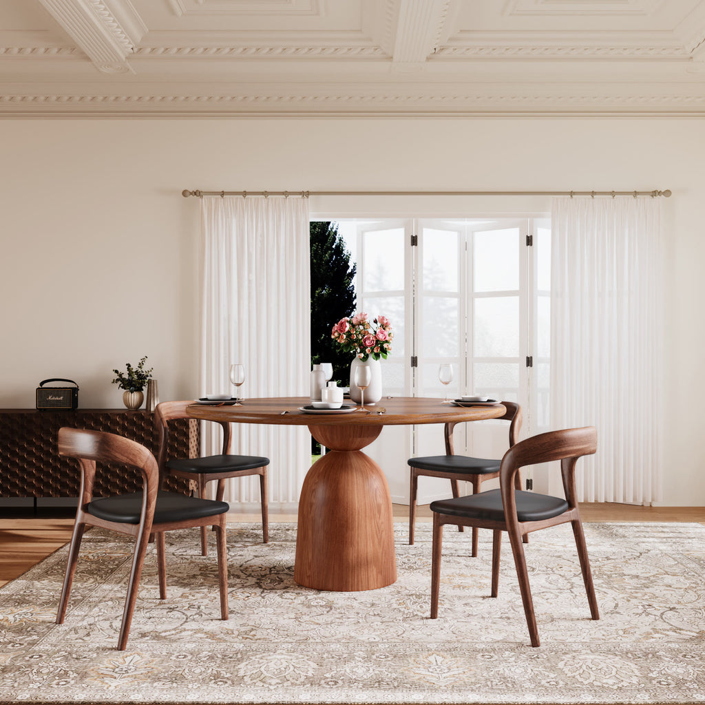 5-piece Round Sintered Stone Dining Table With Black Leather Dining Chairs