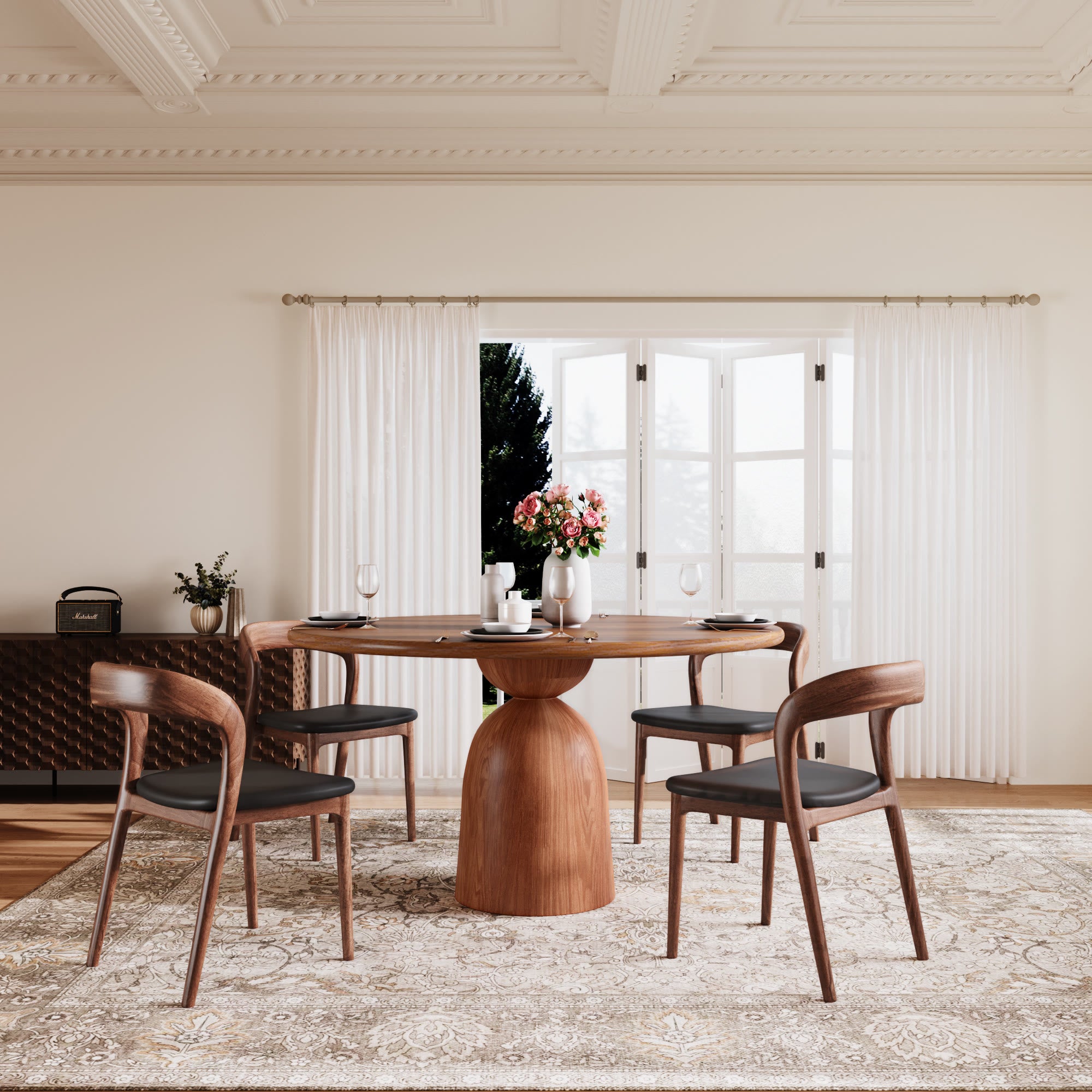 5-piece Round Sintered Stone Dining Table With Black Leather Dining Chairs