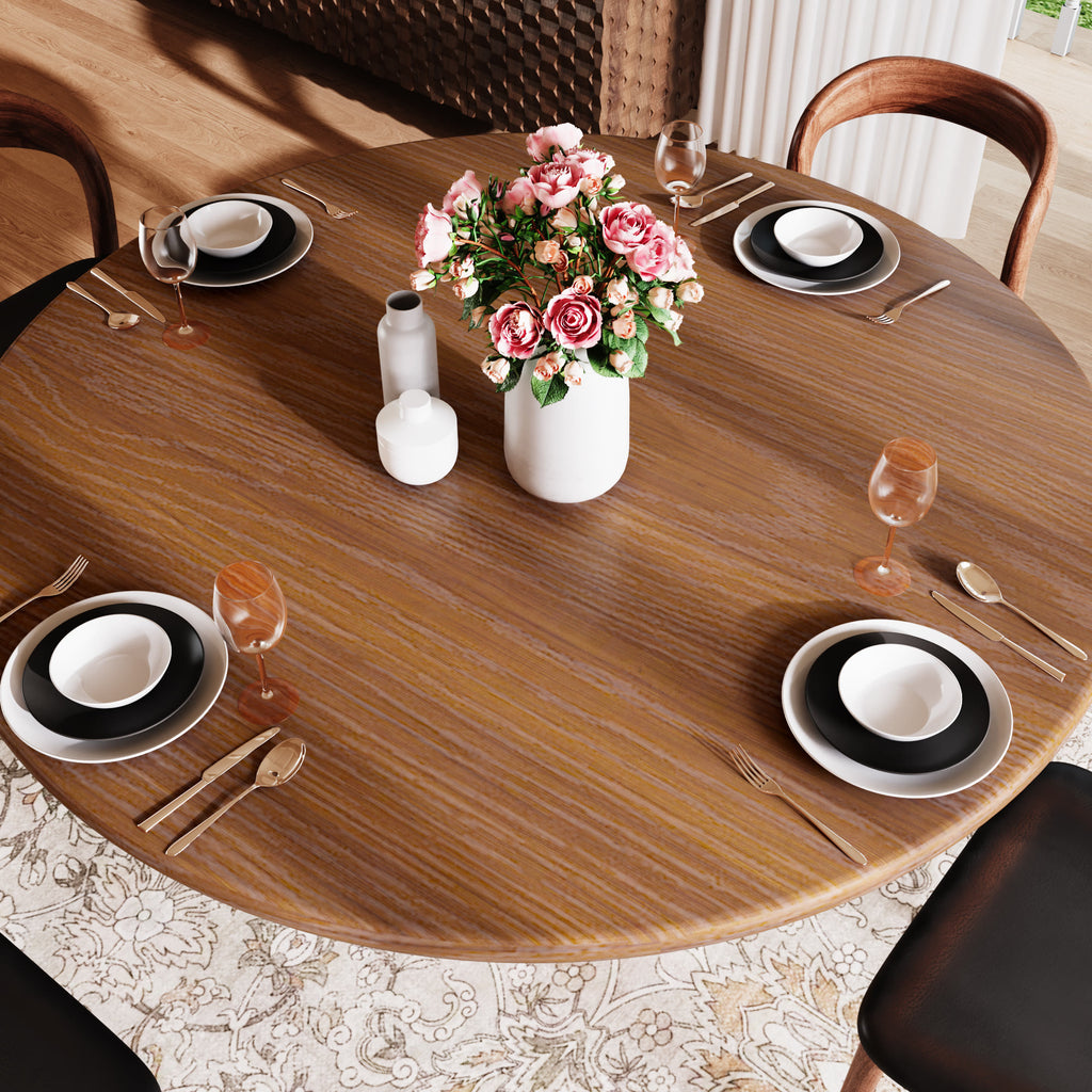 5-piece Round Sintered Stone Dining Table With Black Leather Dining Chairs