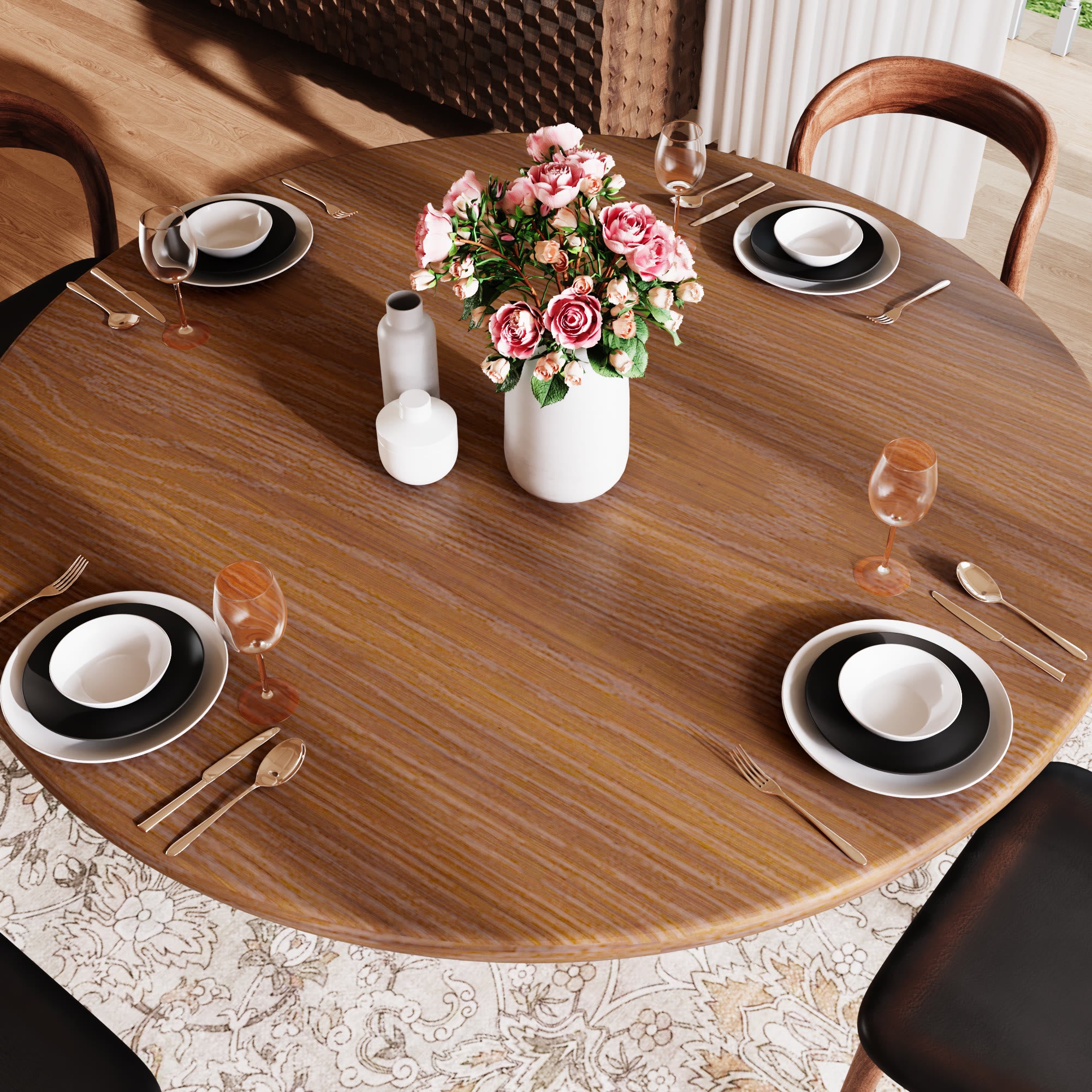 5-piece Round Sintered Stone Dining Table With Black Leather Dining Chairs