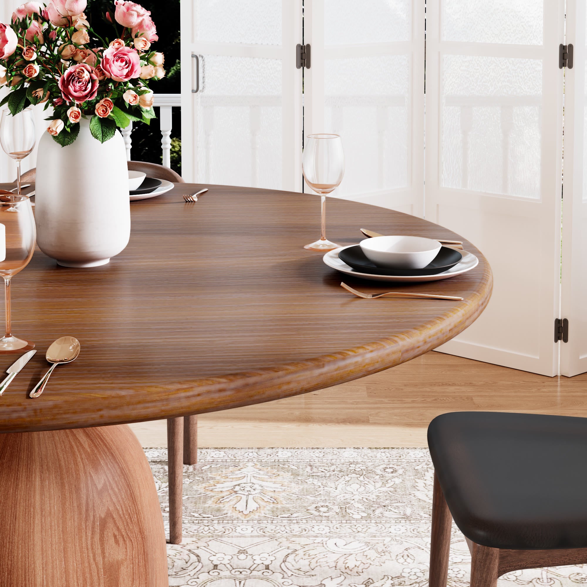 5-piece Round Sintered Stone Dining Table With Black Leather Dining Chairs