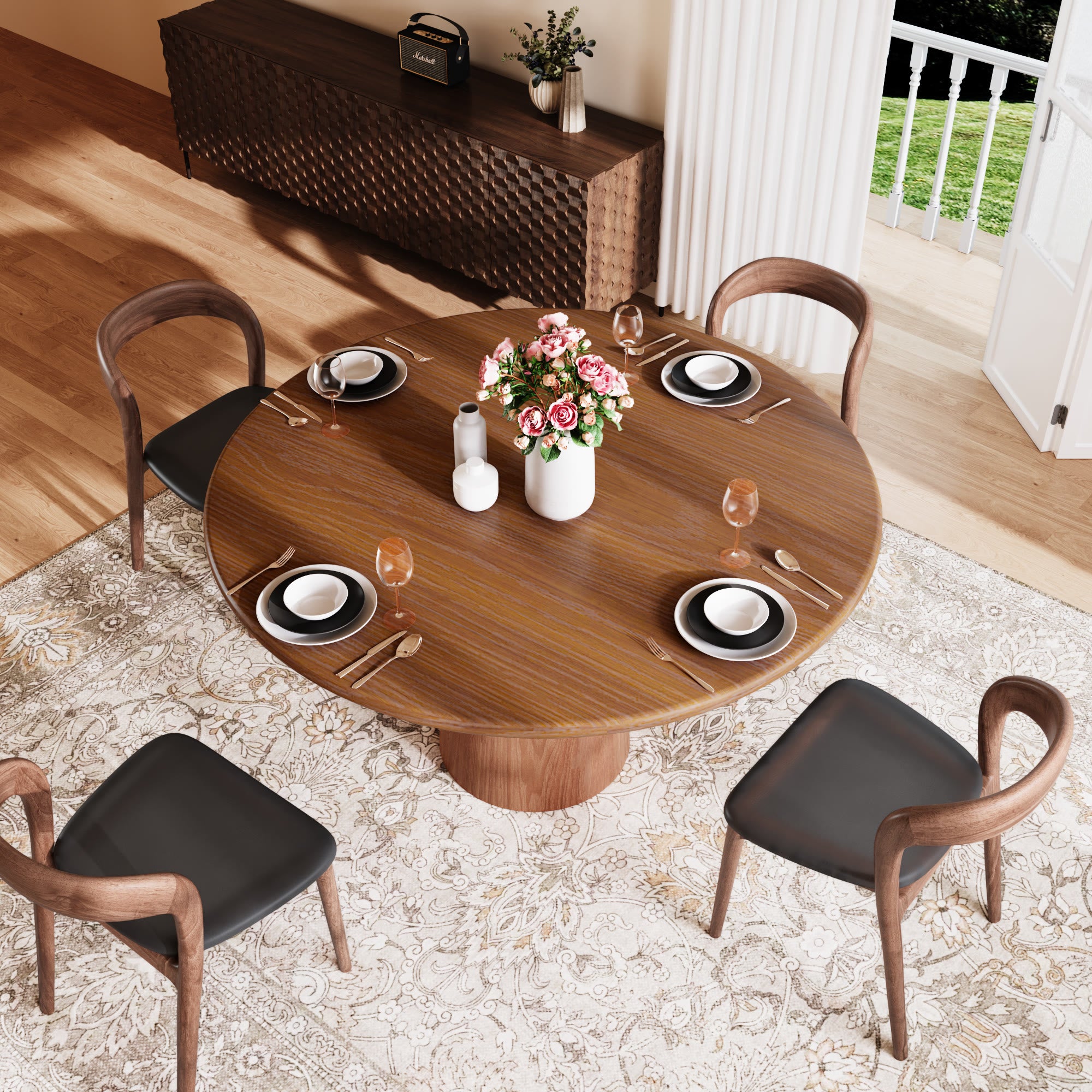 5-piece Round Sintered Stone Dining Table With Black Leather Dining Chairs