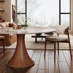 5-piece Mid-century Modern Round Dining Table With Beige Leather Dining Chairs - image 1