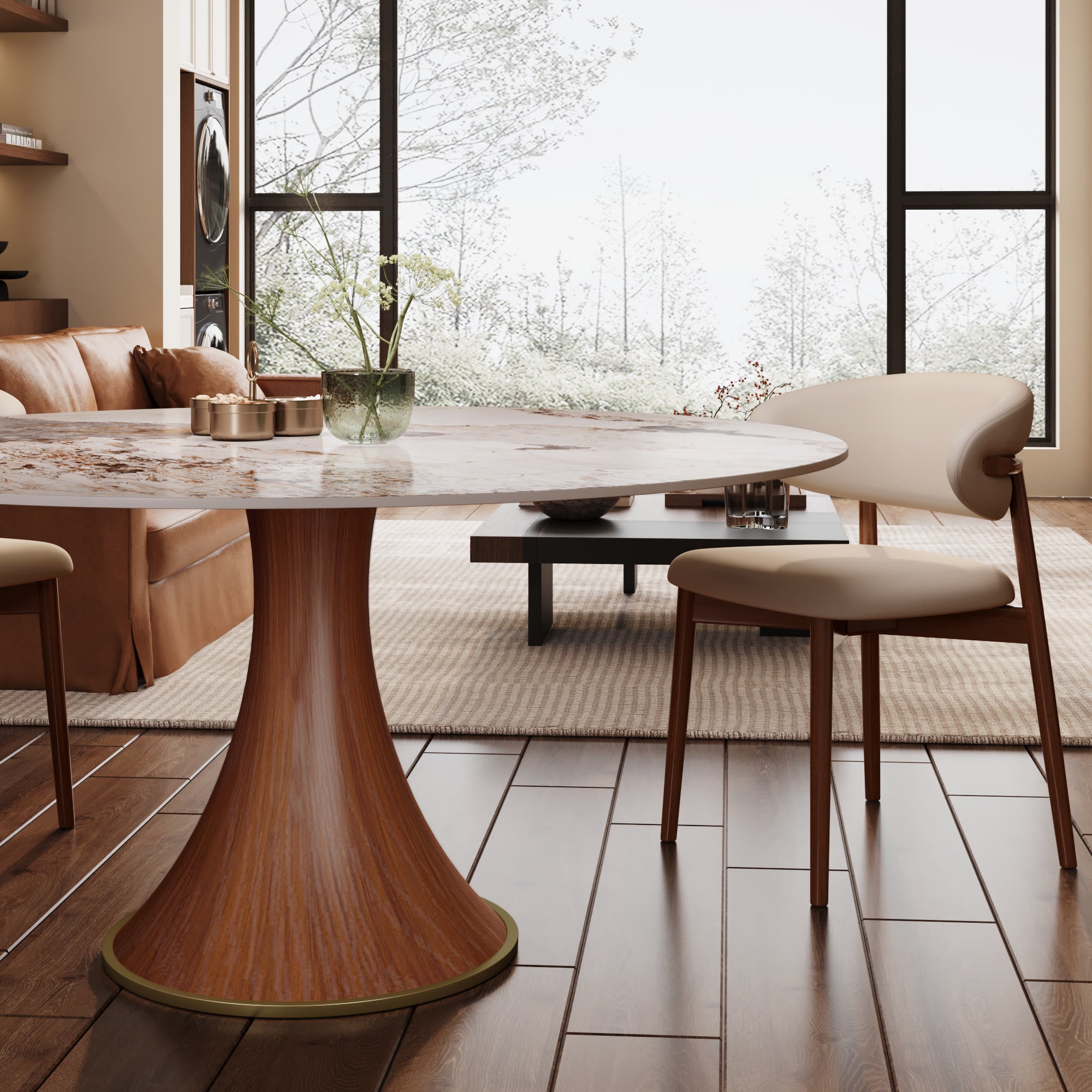 5-piece Mid-century Modern Round Dining Table With Beige Leather Dining Chairs